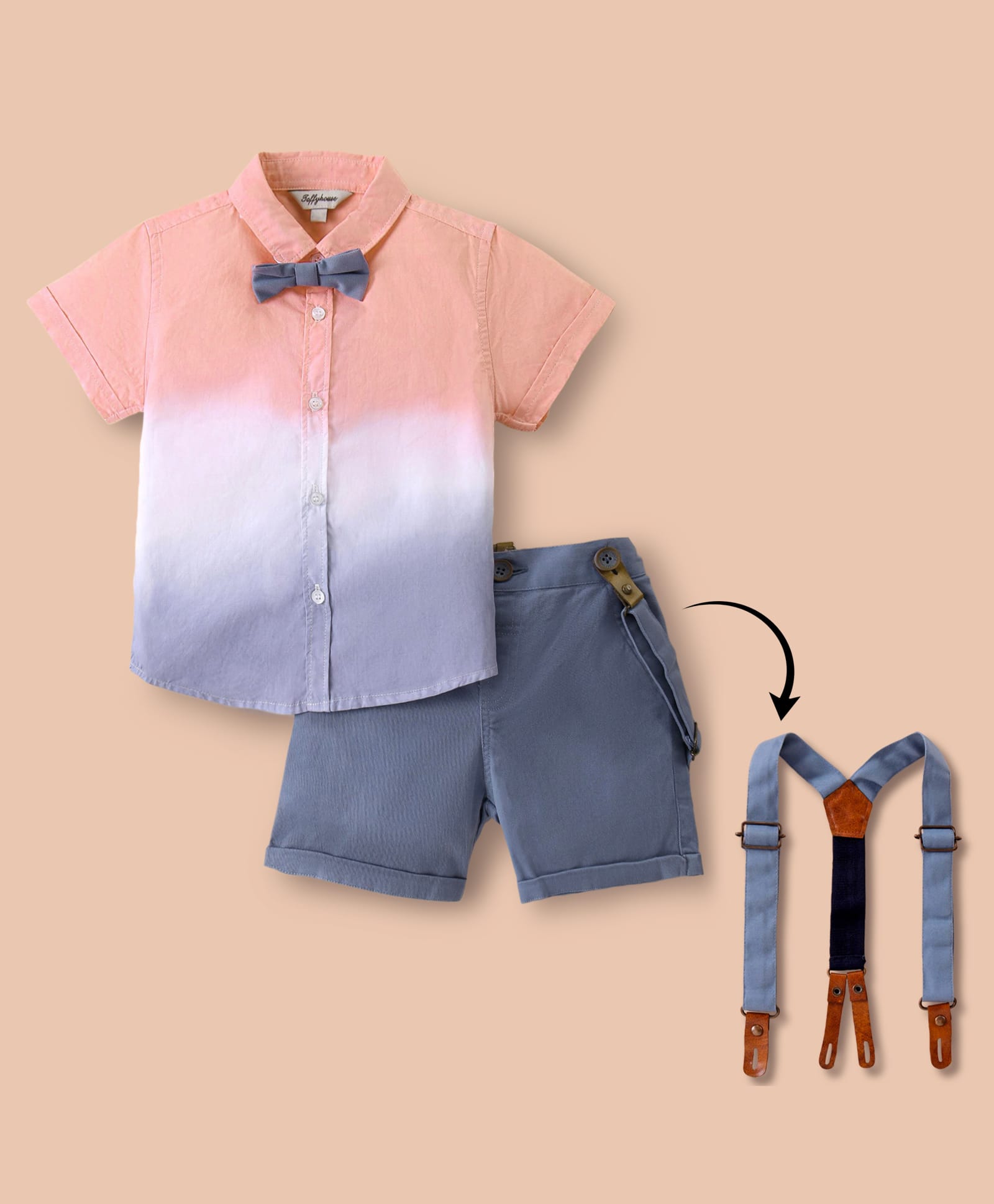 ToffyHouse 100% Cotton Poplin Woven Half Sleeves Tie & Dyed Shirt & Shorts Set With Bow & Suspender - Light Grey & Pink-image-44