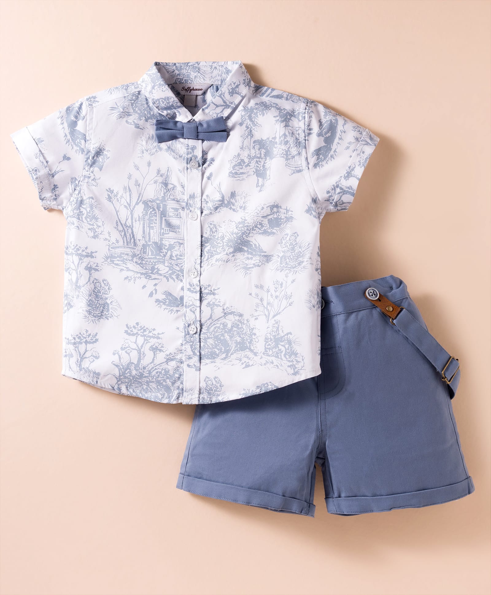 ToffyHouse Poplin Woven Half Sleeves Floral Printed Shirt & Shorts With Bow & Suspender - White & Blue-picture-22