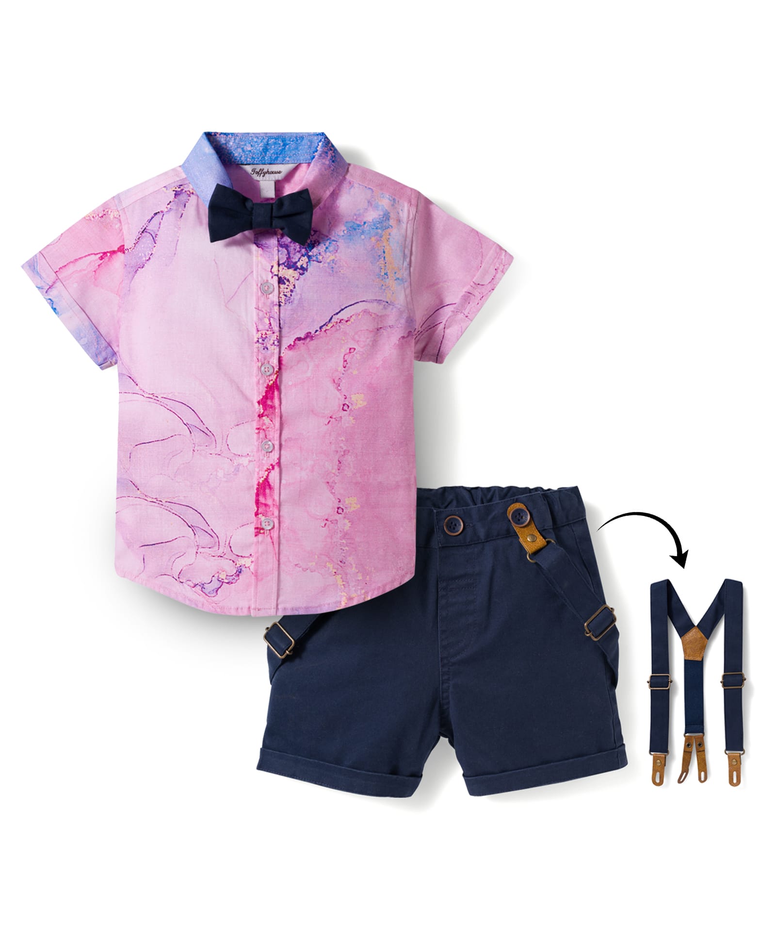 ToffyHouse Cotton Woven Half Sleeves Tie & Dye Party Shirt & Shorts With Bow & Suspender - Pink & Navy Blue-image-46