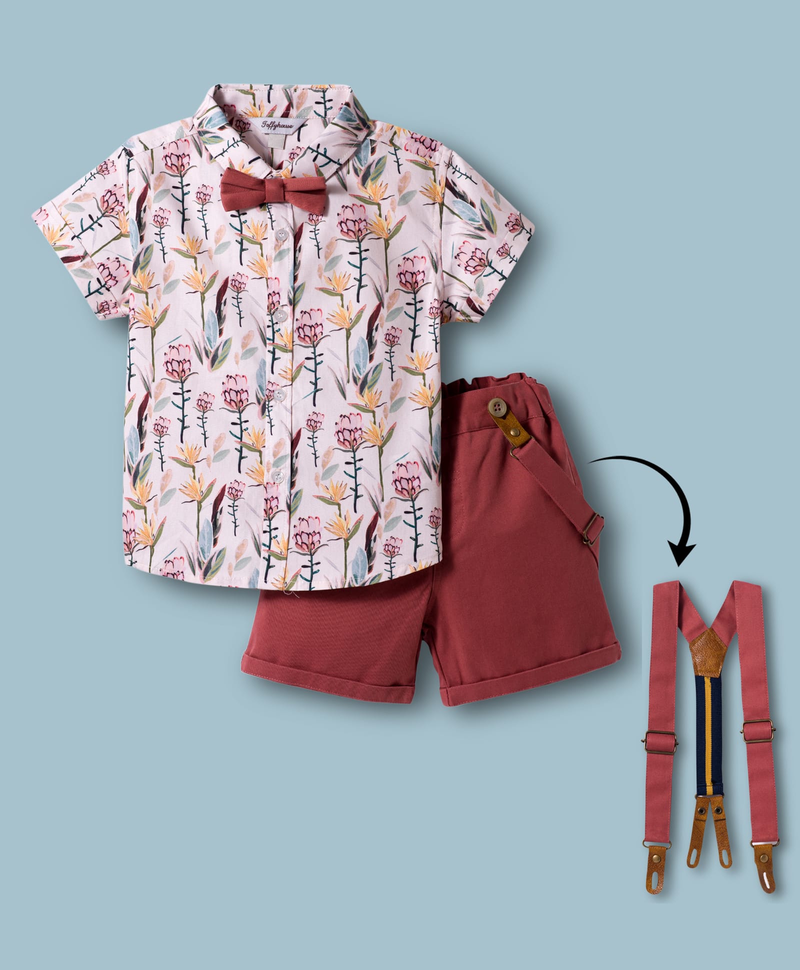 ToffyHouse Poplin Woven Half Sleeves Printed Party Shirt & Shorts Set With Bow & Suspender - Dark Red-picture-11