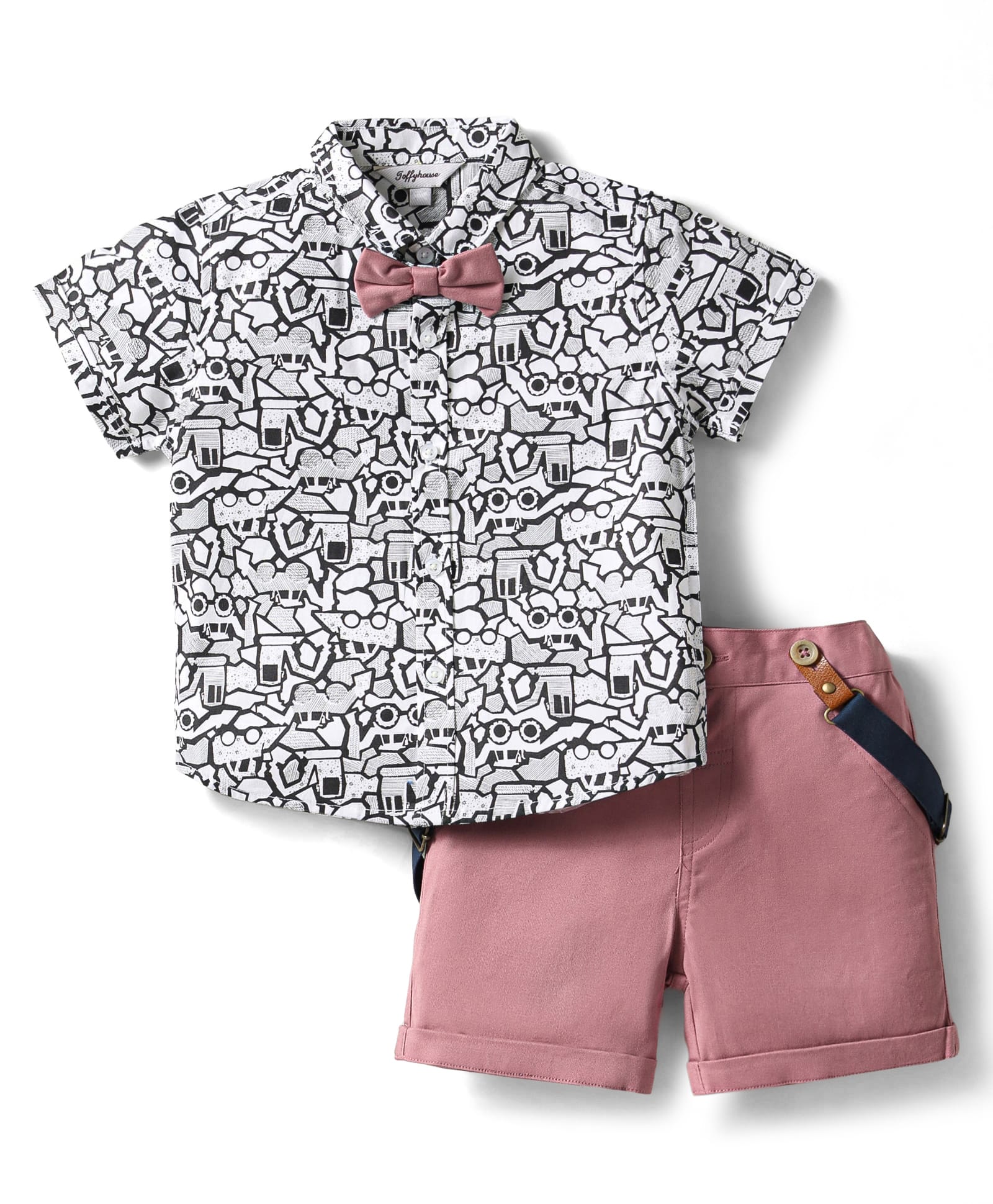 ToffyHouse Poplin Woven Half Sleeves Vehicle Printed Shirt & Shorts Set with Bow & Suspender - Rose Gold & White-picture-45