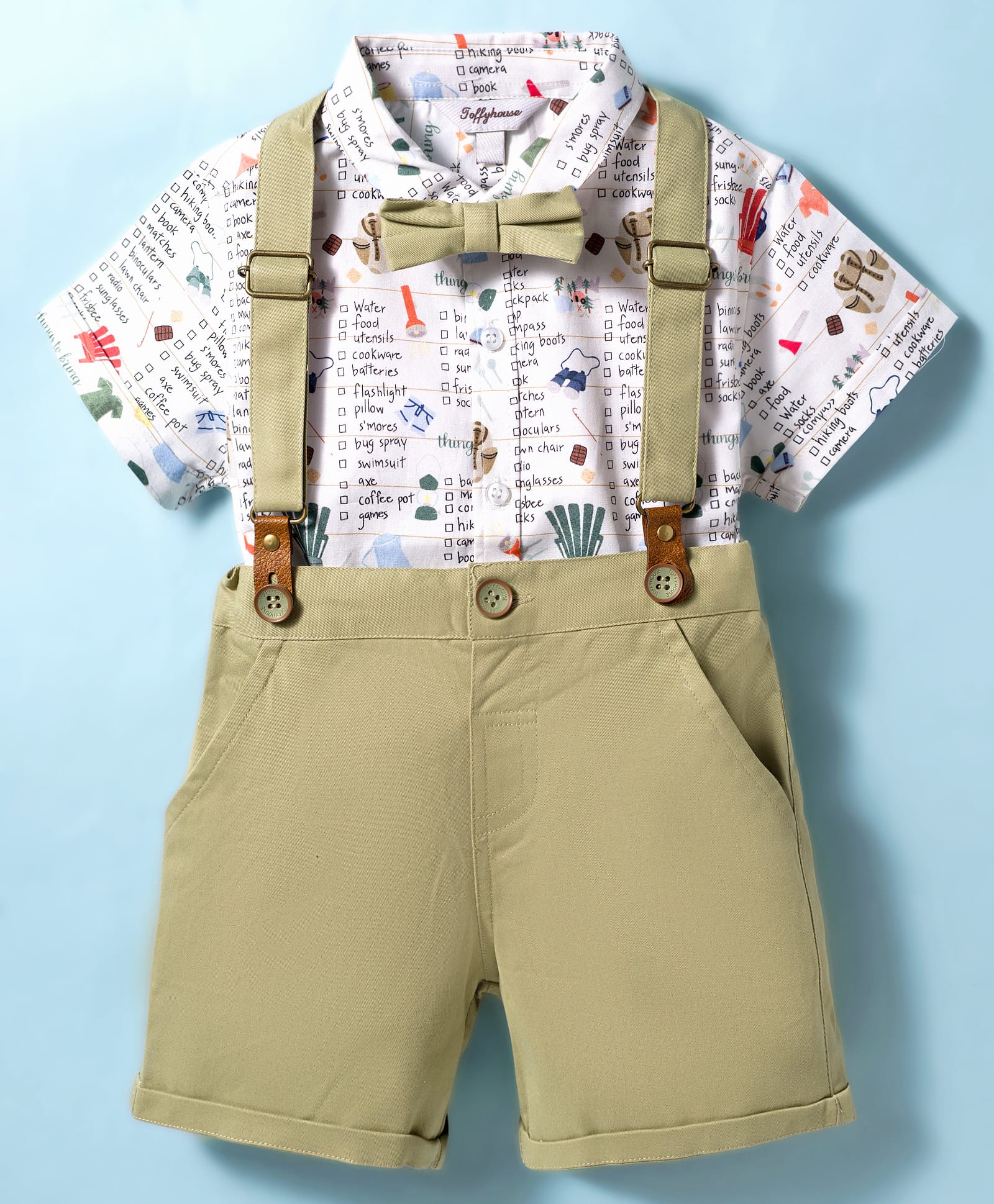 ToffyHouse Poplin Woven Half Sleeves Printed Shirt & Shorts With Bow & Suspender - White & Olive Green-image-31