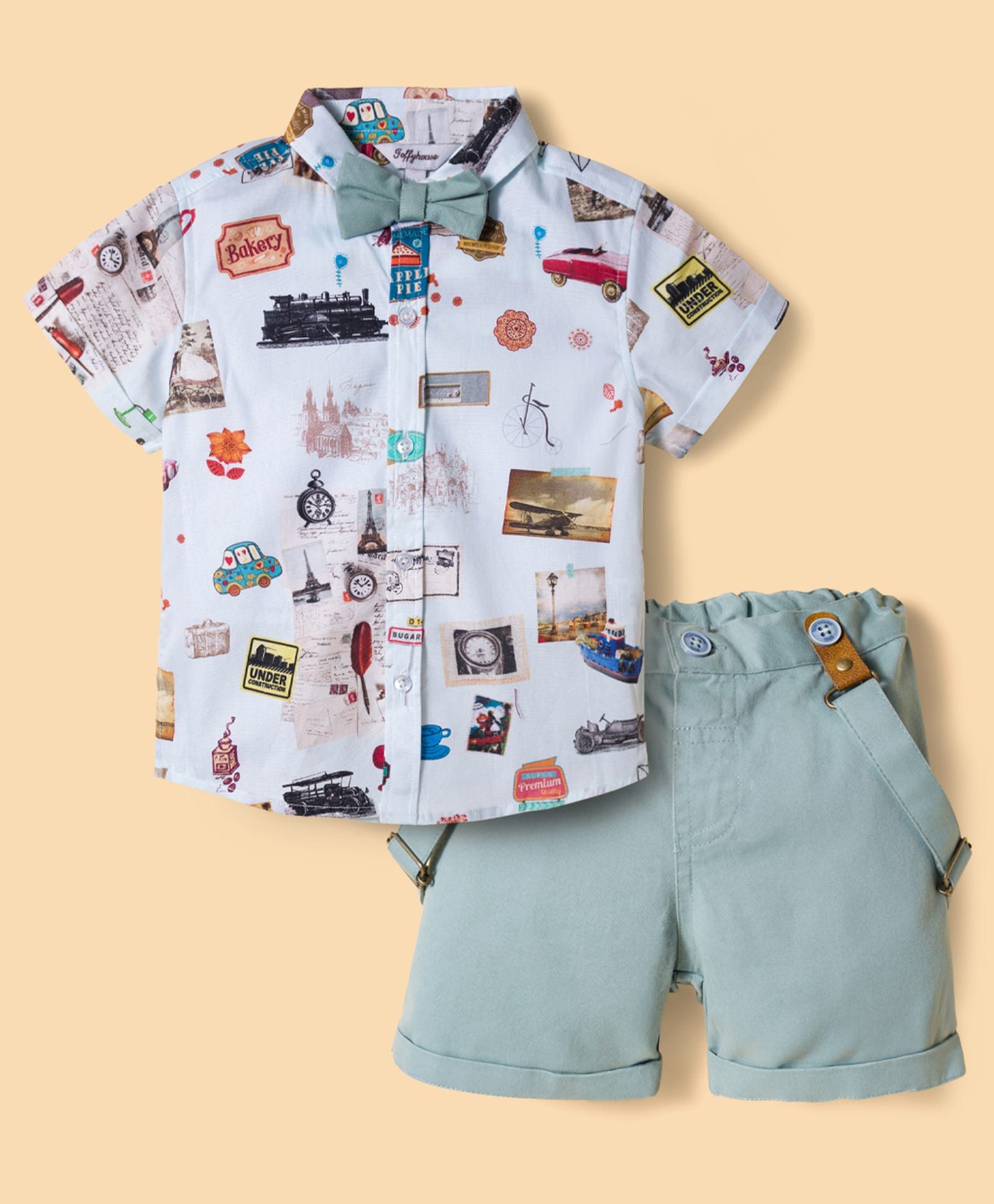 ToffyHouse Poplin Woven Half Sleeves Printed Party Shirt & Shorts Set With Bow & Suspender - White & Teal Blue-picture-25