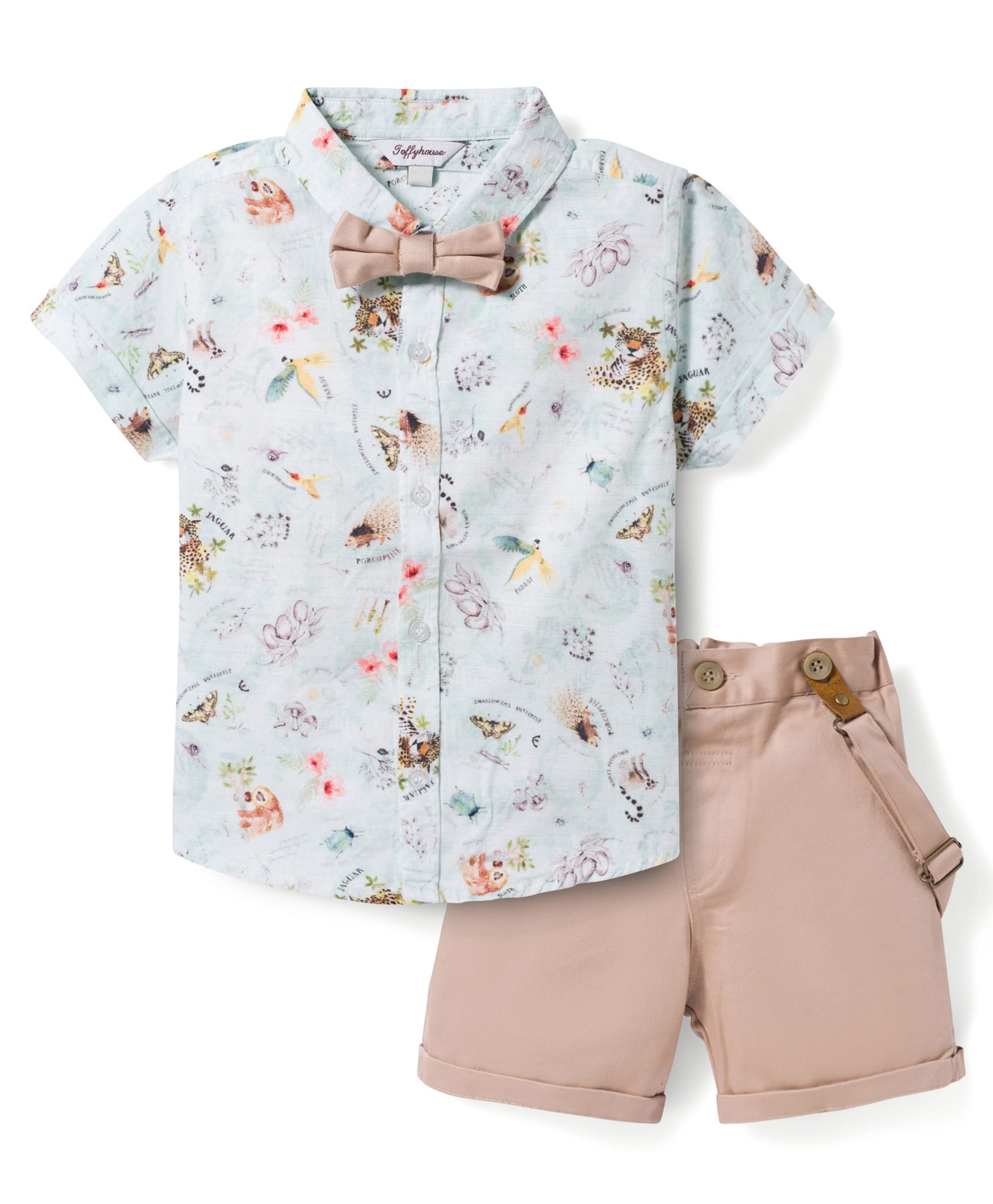 ToffyHouse Cotton Woven Half Sleeves Tropical Theme Printed Party Shirt & Shorts Set with Bow & Suspender - Tan-picture-21