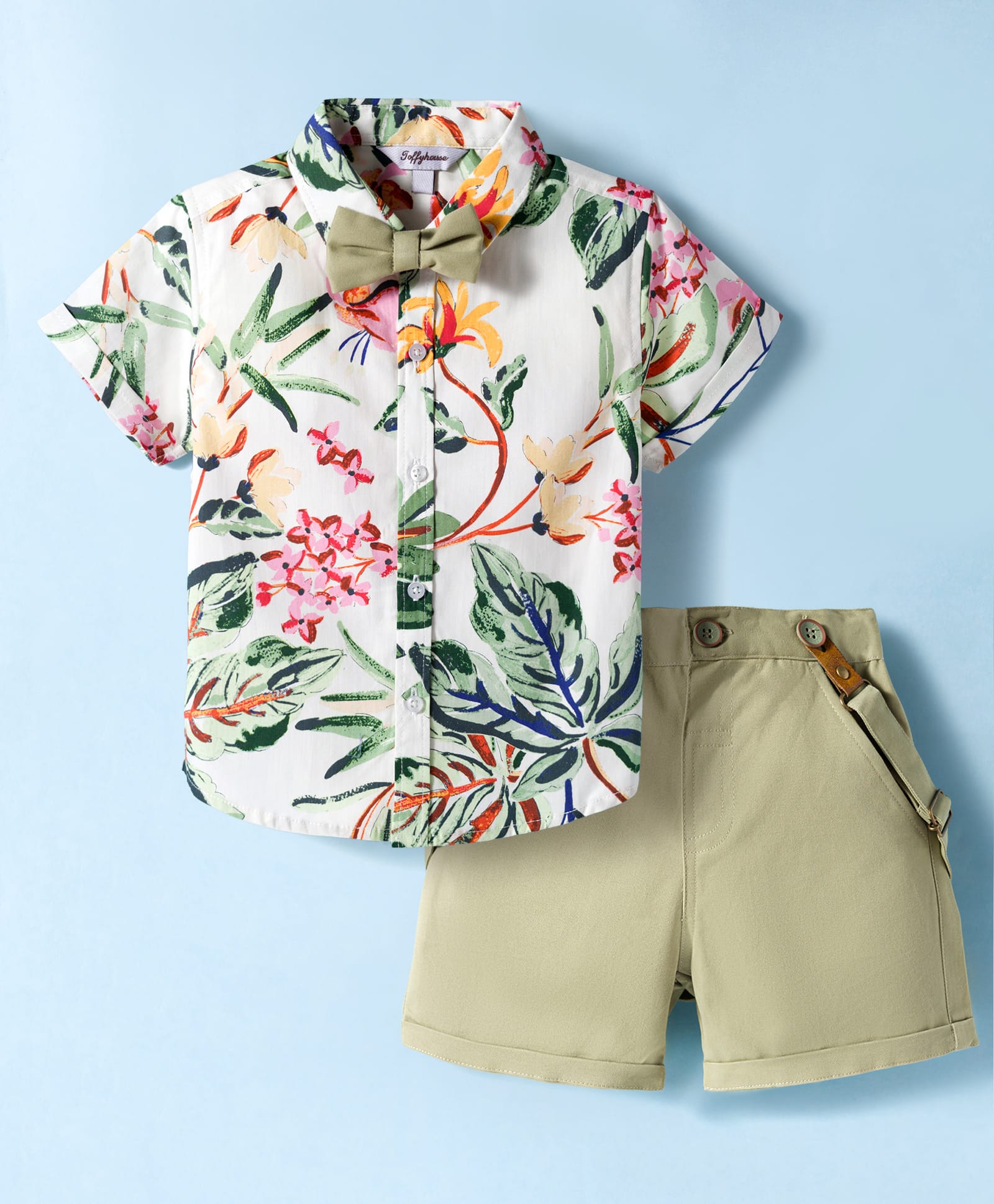 ToffyHouse Poplin Woven Half Sleeves Floral Printed Shirt & Shorts With Bow & Suspender - White & Green-image-24