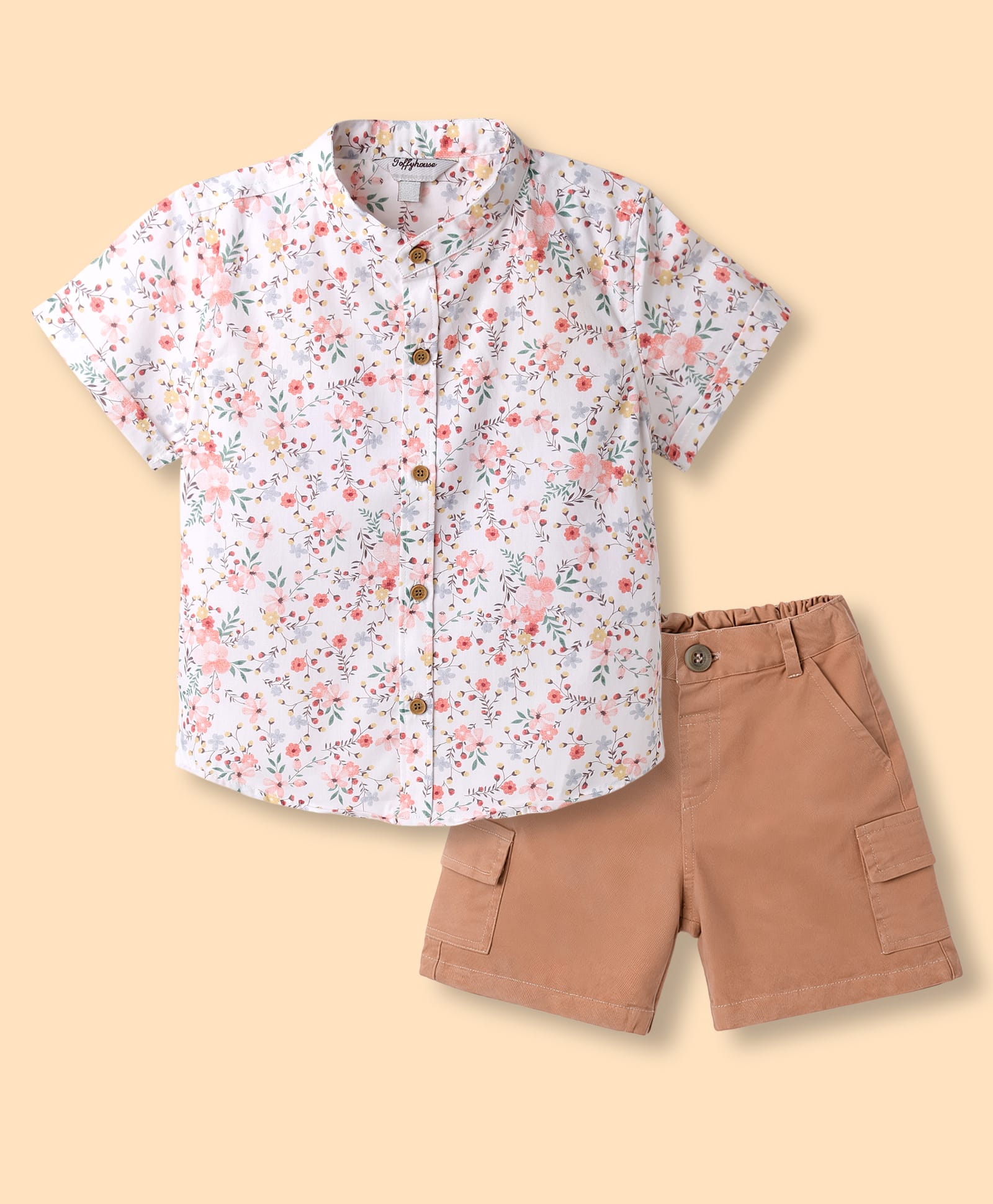 ToffyHouse Cotton Knit Mandarin Collar Half Sleeves Shirt & Shorts Set With Floral Print - Pink & White-picture-17