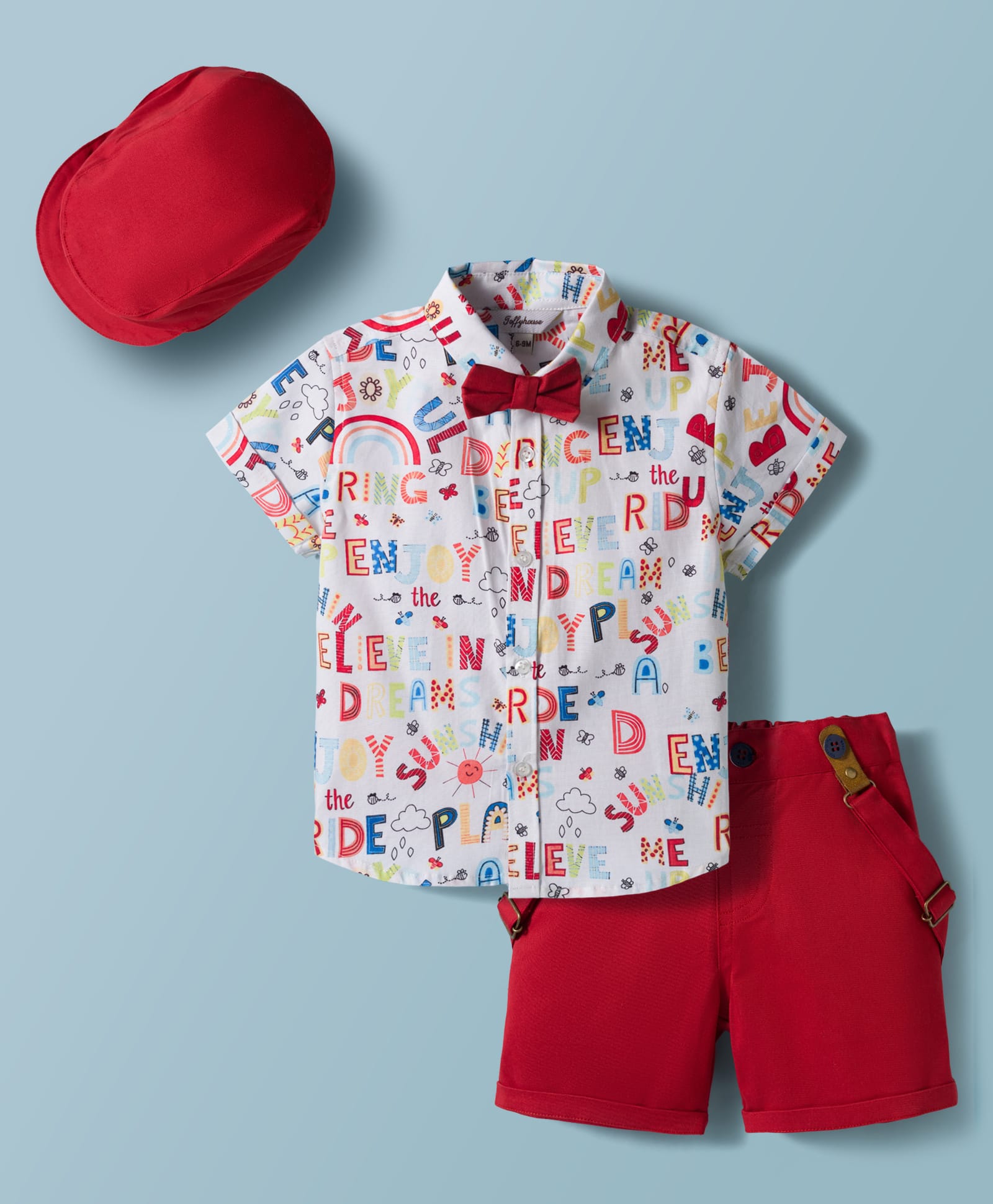 ToffyHouse Poplin Woven Half Sleeves Text Printed Shirt & Short Set with Bow Hat & Suspender - Red & White-image-12