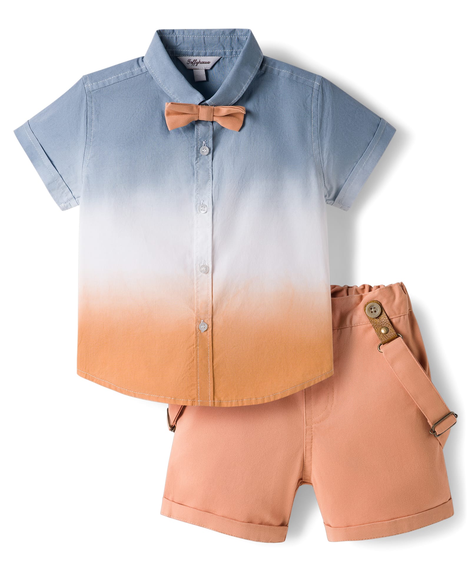 ToffyHouse Poplin Woven Half Sleeves Ombre Effect Party Shirt & Shorts With Bow & Suspender - Orange-image-14