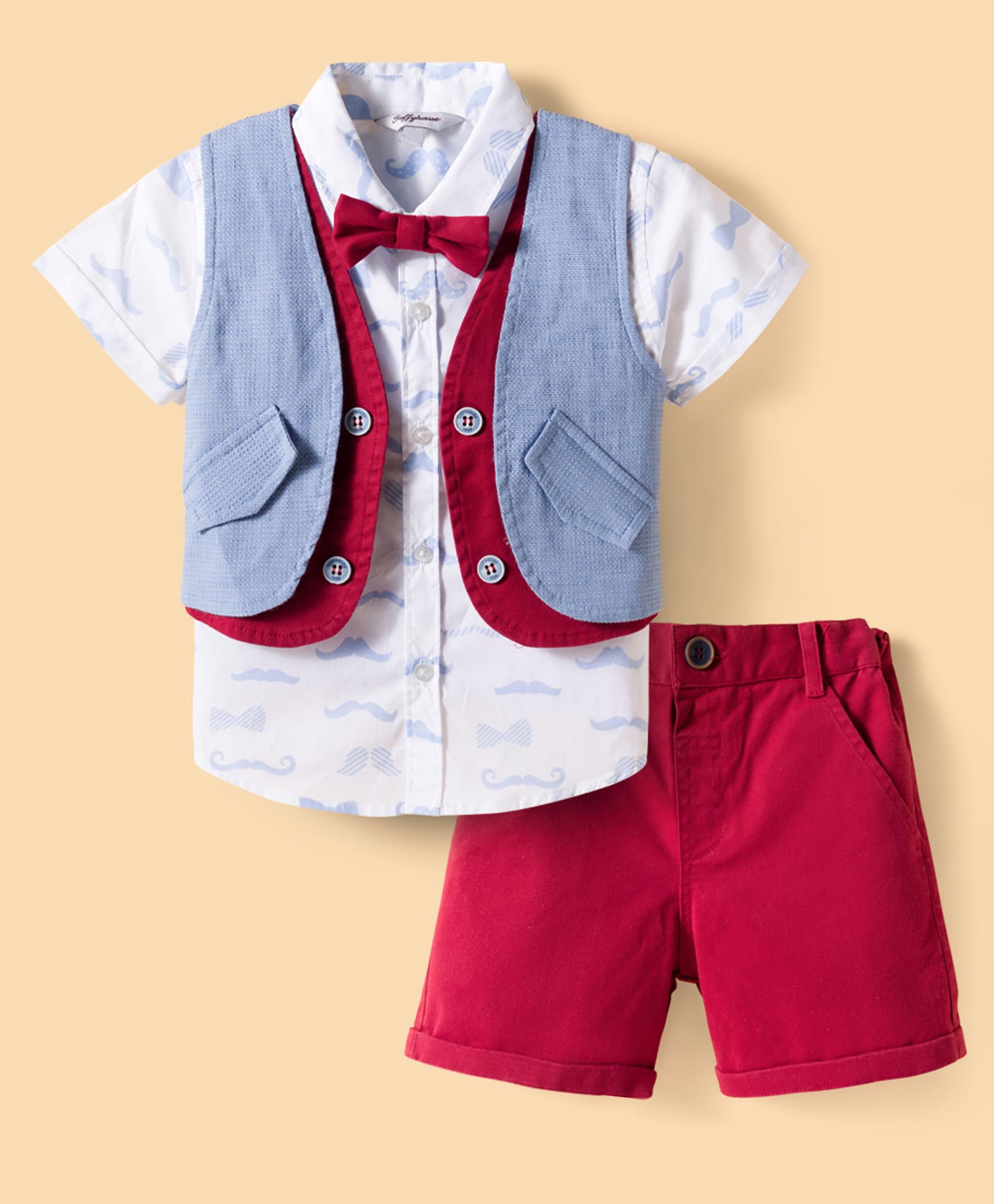 ToffyHouse Poplin Knit Half Sleeves 3 Piece Party Suit with Bow & Moustache Print - Red & White-picture-12