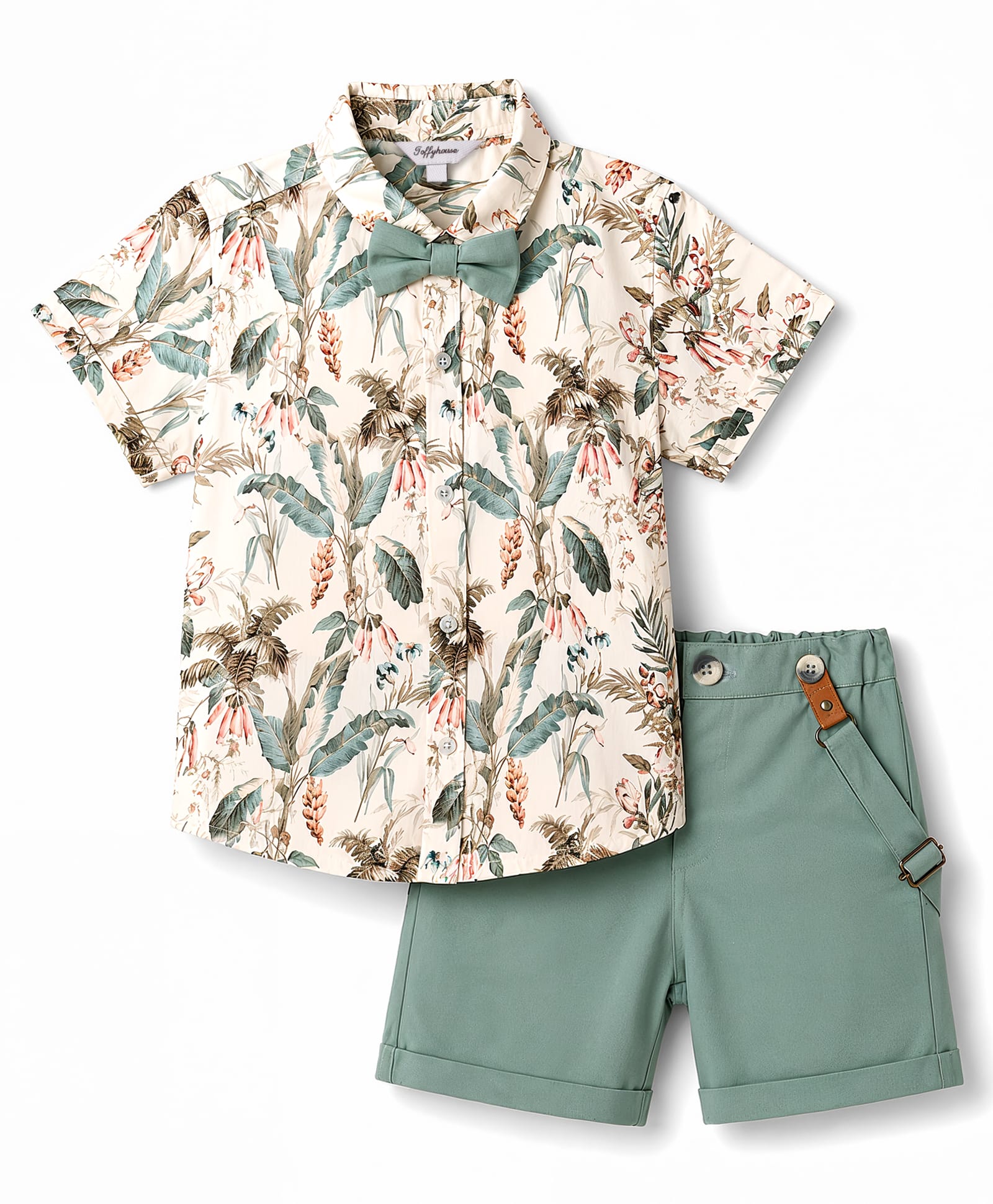 ToffyHouse Cotton Woven Half Sleeves Floral Print Shirt & Shorts Set with Bow & Suspender - Teal Blue & Multicolor-picture-17