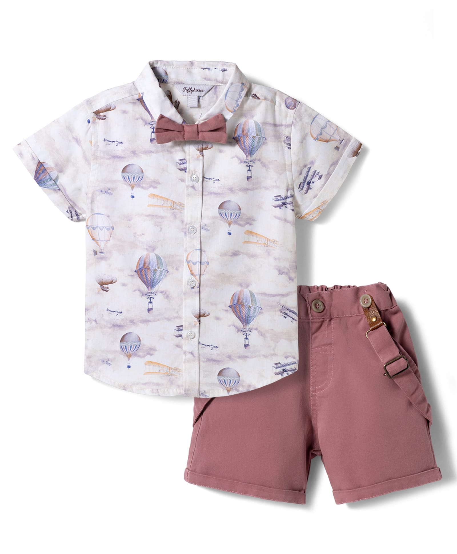 ToffyHouse Poplin Woven Half Sleeves Air Balloon Printed Shirt & Shorts With Bow & Suspender - White & Plum-picture-11