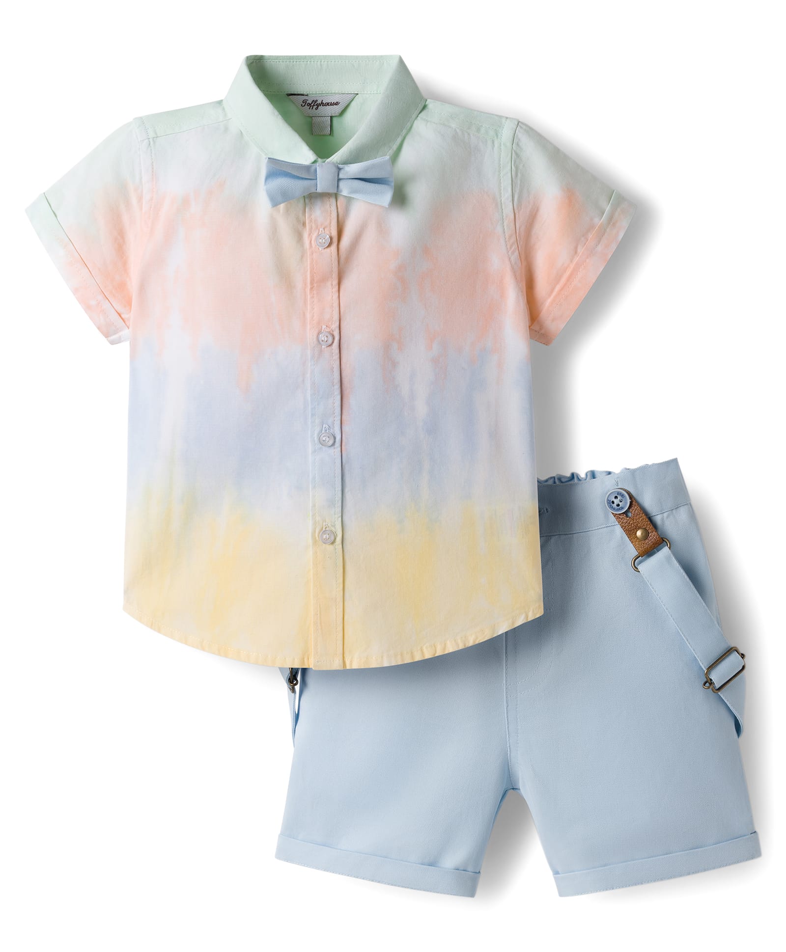 ToffyHouse Poplin Woven Half Sleeves Tie & Dye Shirt & Shorts Set with Bow & Suspender - Light Blue-image-20
