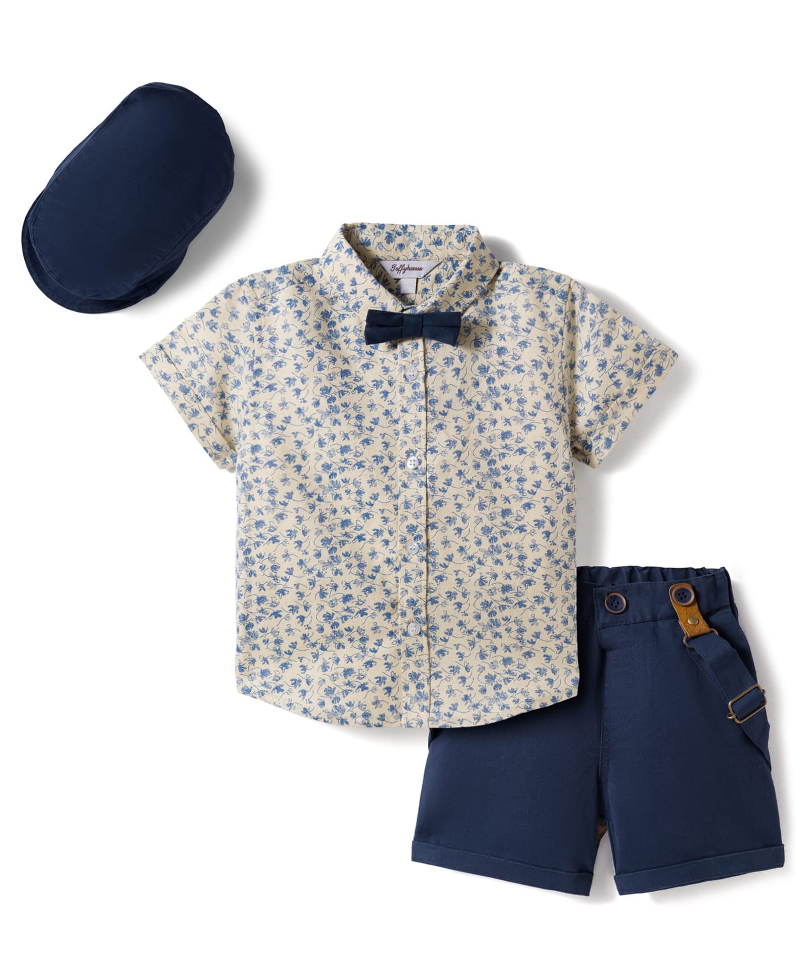 ToffyHouse Poplin Woven Half Sleeves Printed Shirt & Shorts With Bow Suspender & Cap - Cream & Navy Blue-image-6