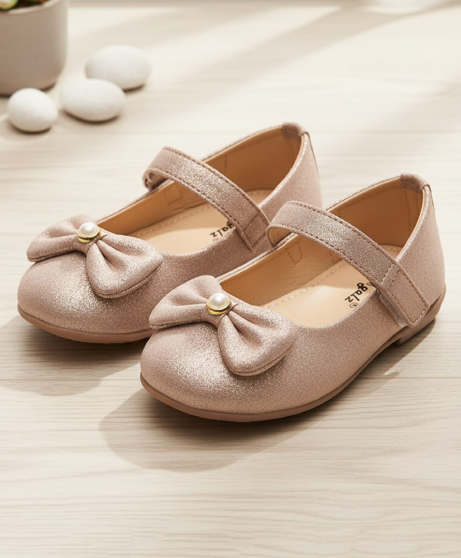 boyz n galz Bow Applique Glitter Detailed Pearl Embellished Velcro Closure Ballerinas - Rose Gold-image-30