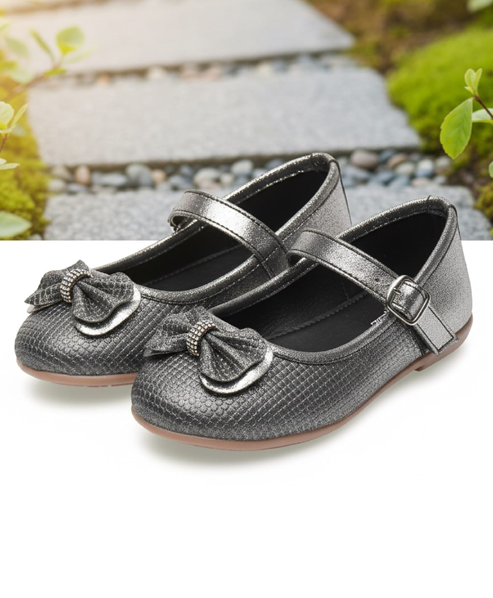 boyz n galz Bow Applique Glitter Detailed Stones Embellished Velcro Closure Ballerinas - Black-image-23