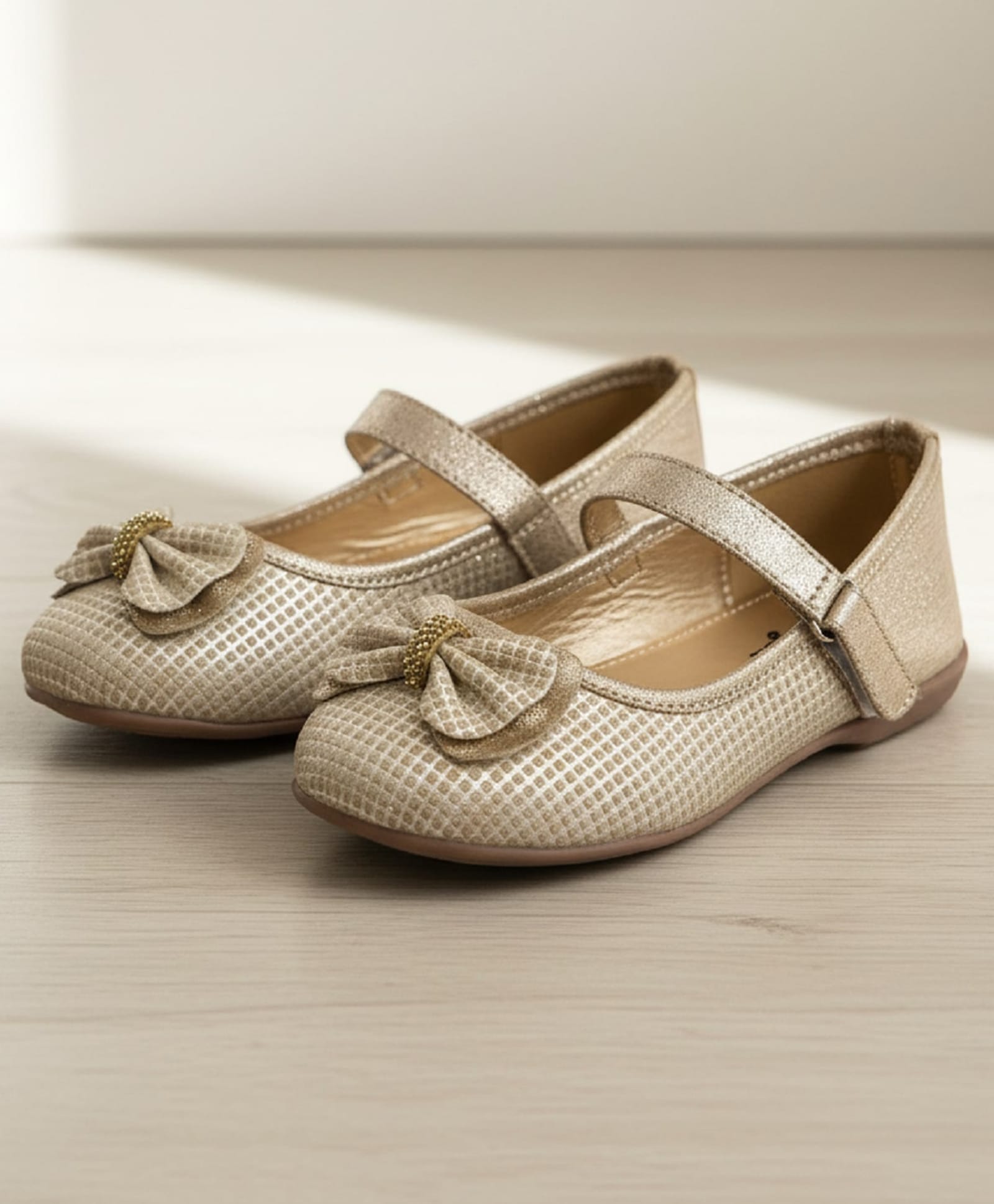 boyz n galz Bow Applique Glitter Detailed Stones Embellished Velcro Closure Ballerinas - Gold-image-33