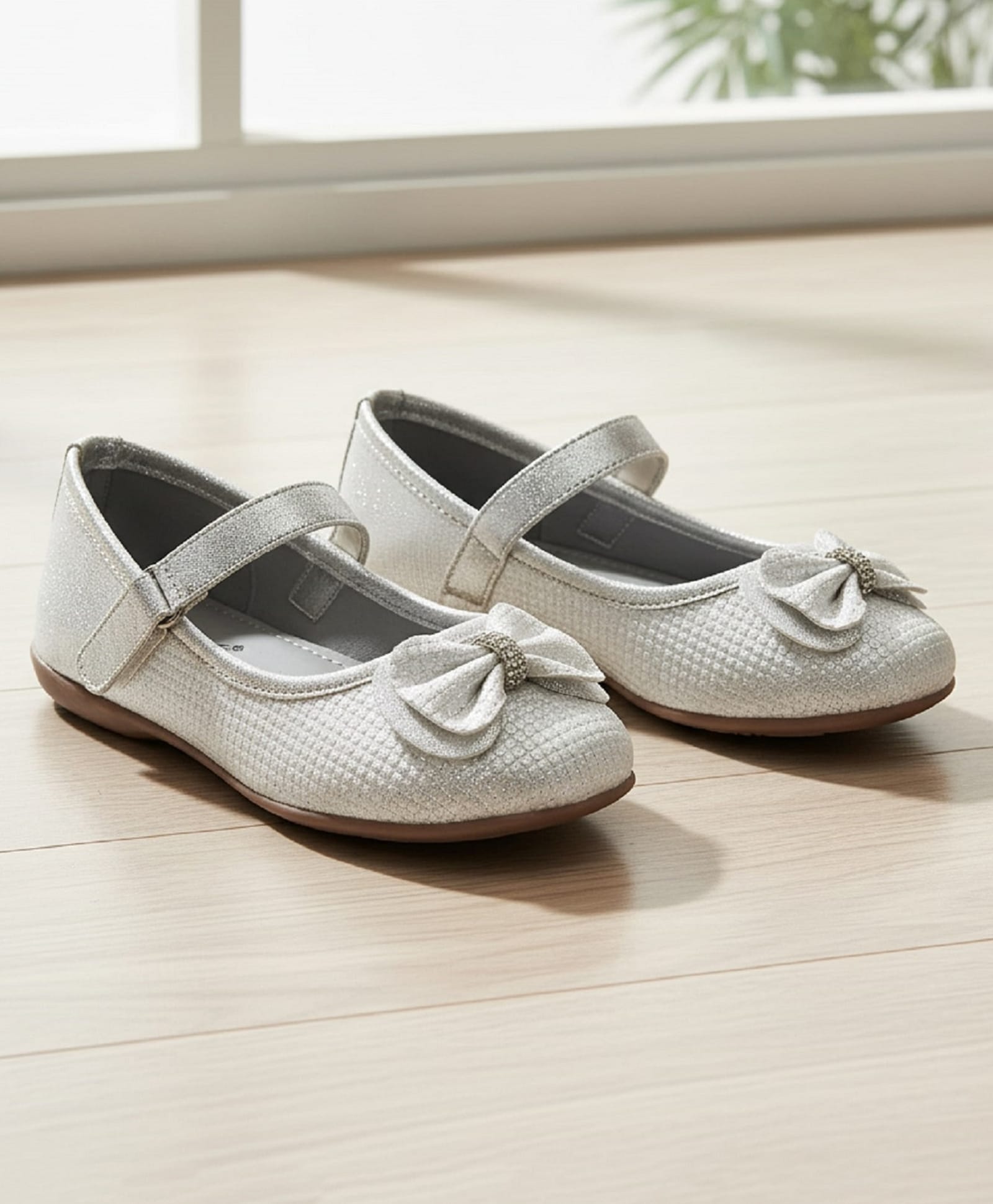 boyz n galz Bow Applique Glitter Detailed Stones Embellished Velcro Closure Ballerinas - White-image-44