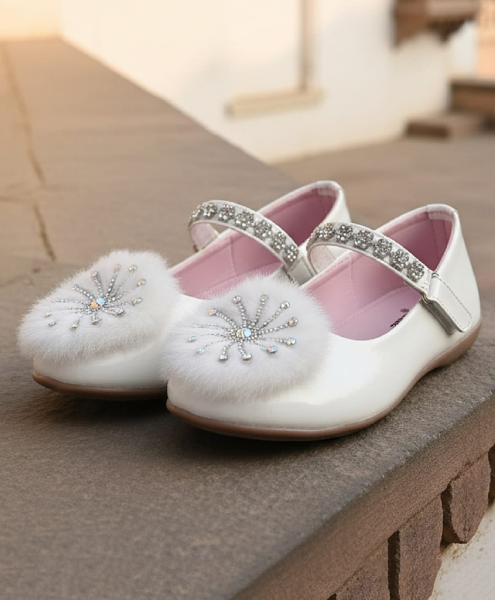 boyz n galz Pom Pom Applique Detailed Stones Embellished Velcro Closure Mary Jane Ballerinas - White-picture-20