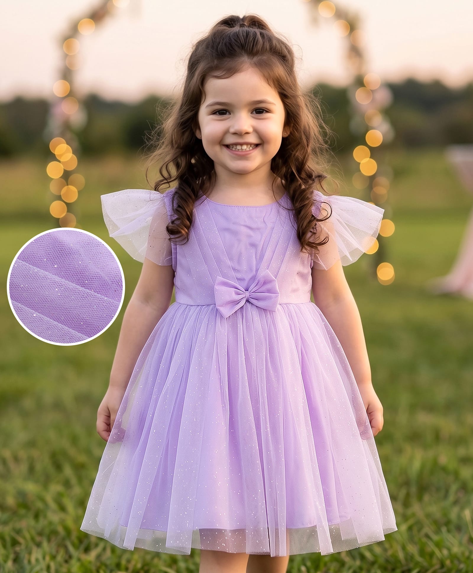 kookie kids india Kookie Kids Woven Frill Sleeves Solid Party Dress With Bow Applique - Lavender-picture-27
