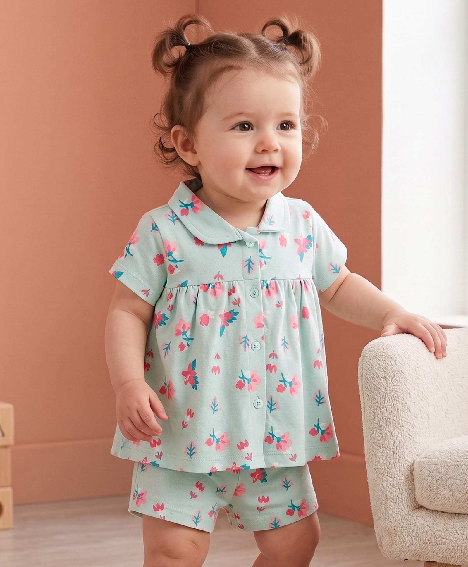 Doodle Poodle 100% Cotton Knit Half Sleeves Floral Printed Co-Ords Top & Shorts Night Suit - Light Blue-picture-35