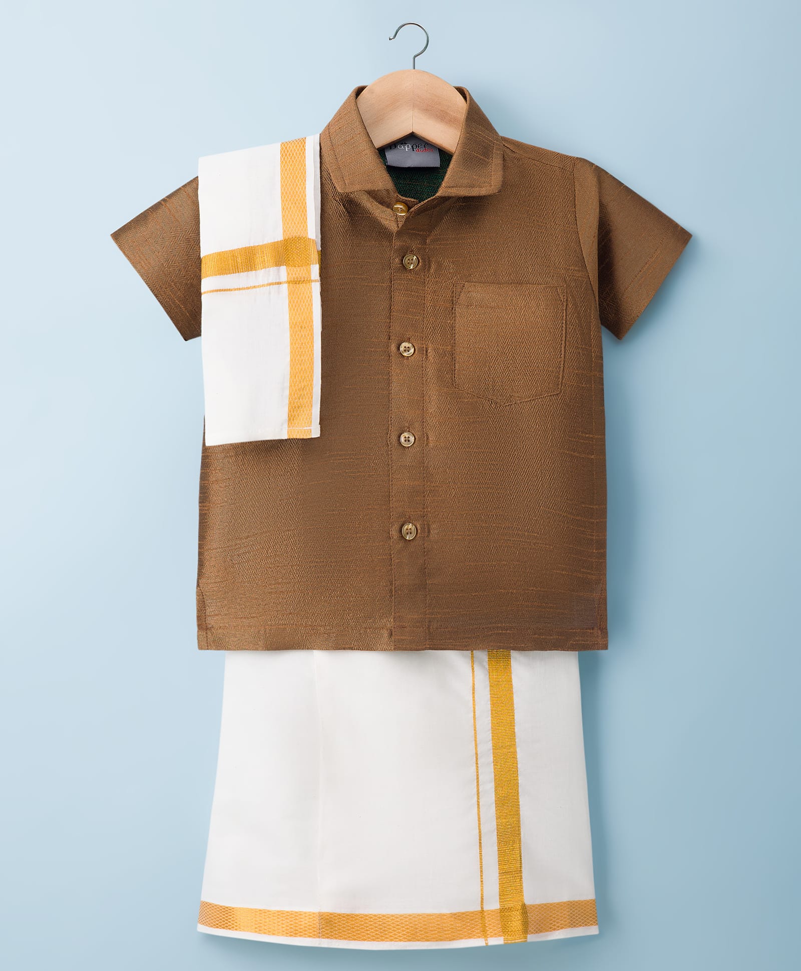 Dapper Dudes Half Sleeves Solid Shirt & Mundu With Angavastram - Brown-picture-27