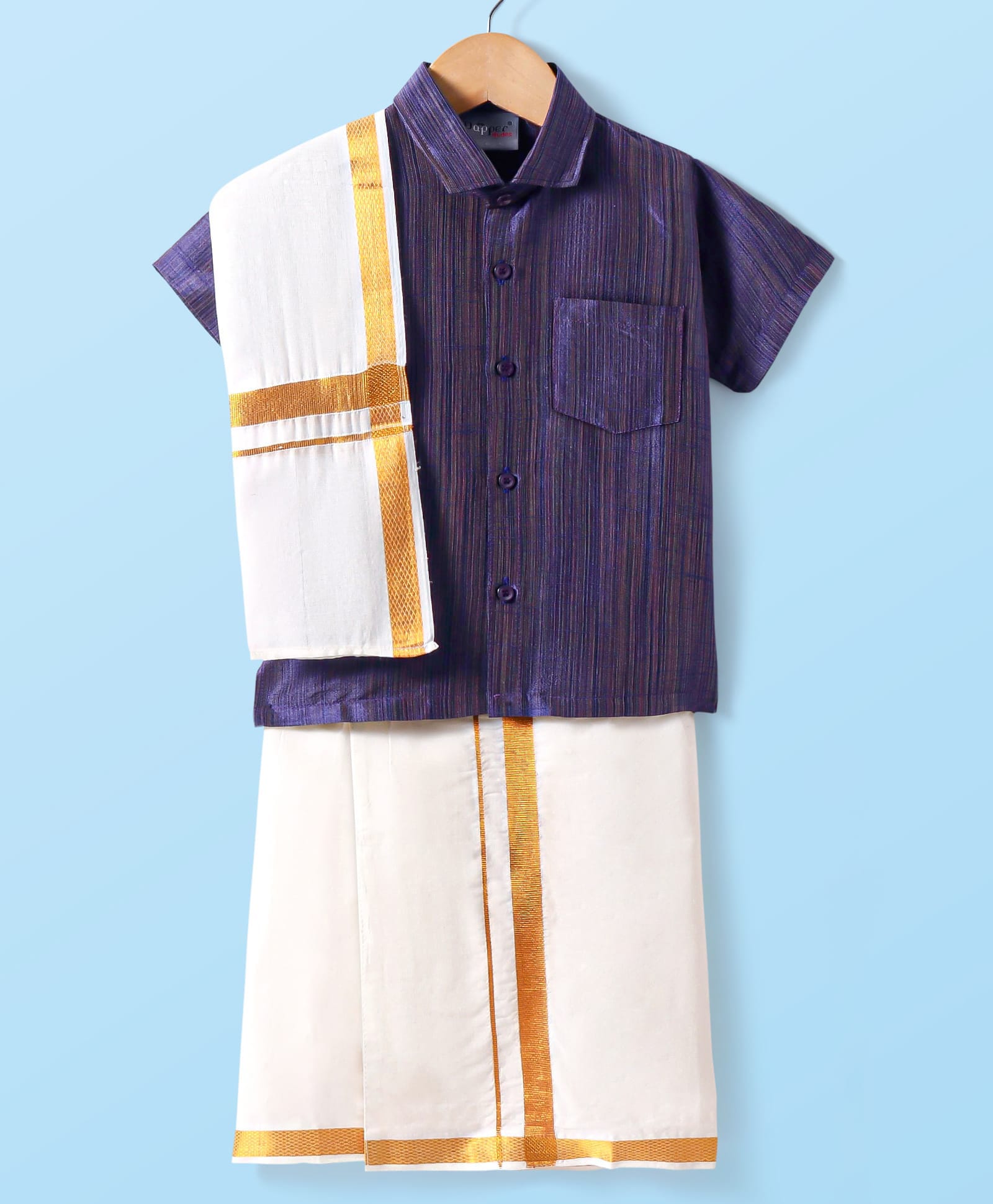 Dapper Dudes Half Sleeves Solid Shirt & Mundu With Angavastram - Blue-picture-34