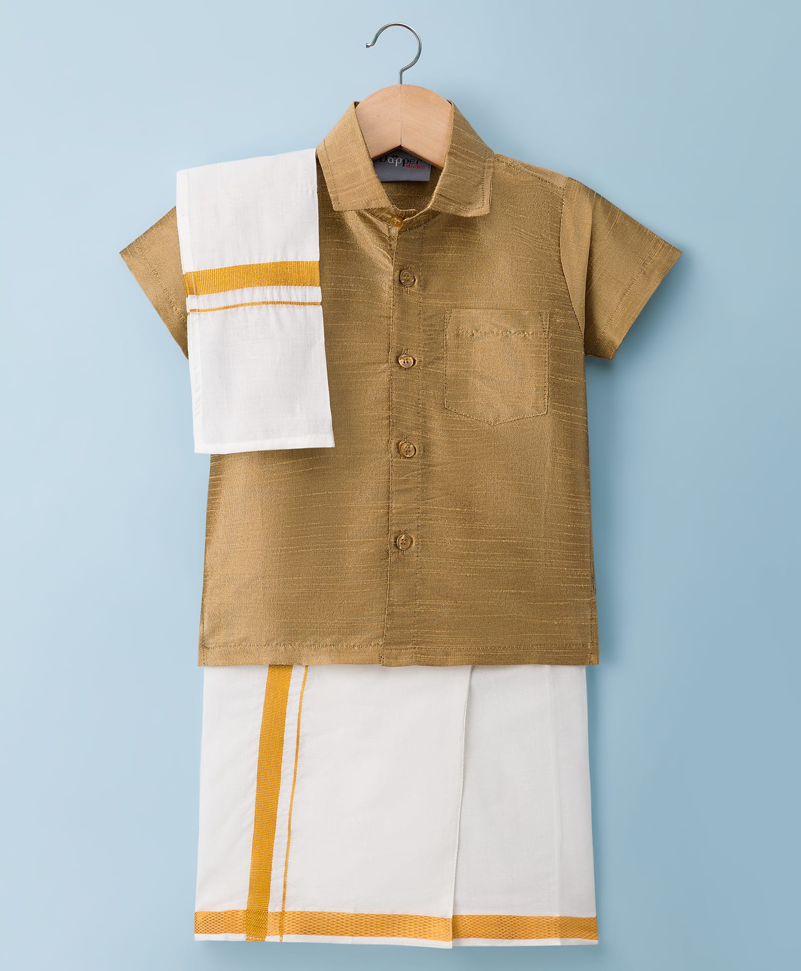 Dapper Dudes Half Sleeves Solid Shirt & Mundu With Angavastram - Khaki-picture-34
