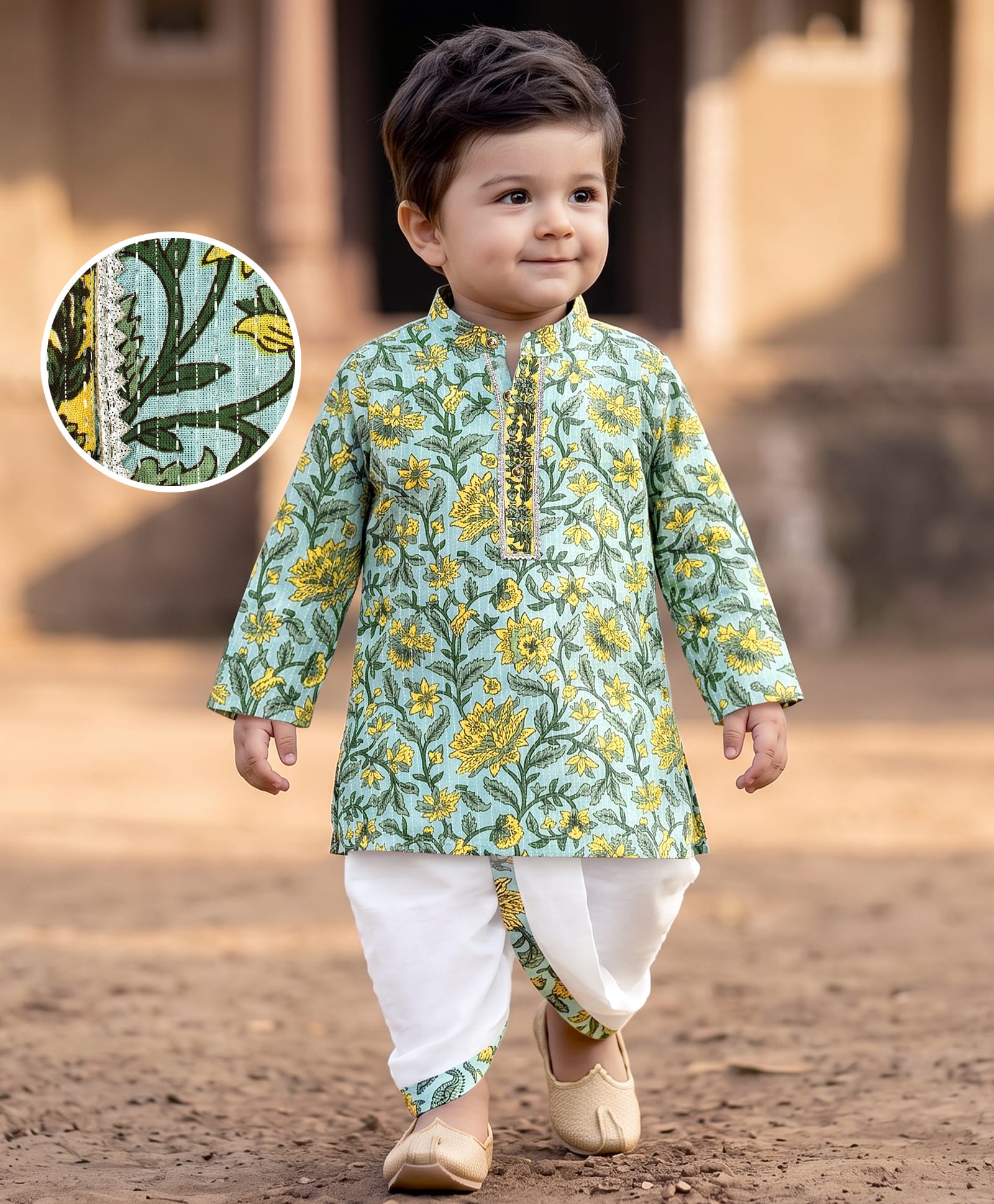 EARTHY TOUCH Cambric Woven Full Sleeves Kurta Dhoti Set With Floral Print - Light Blue-picture-20
