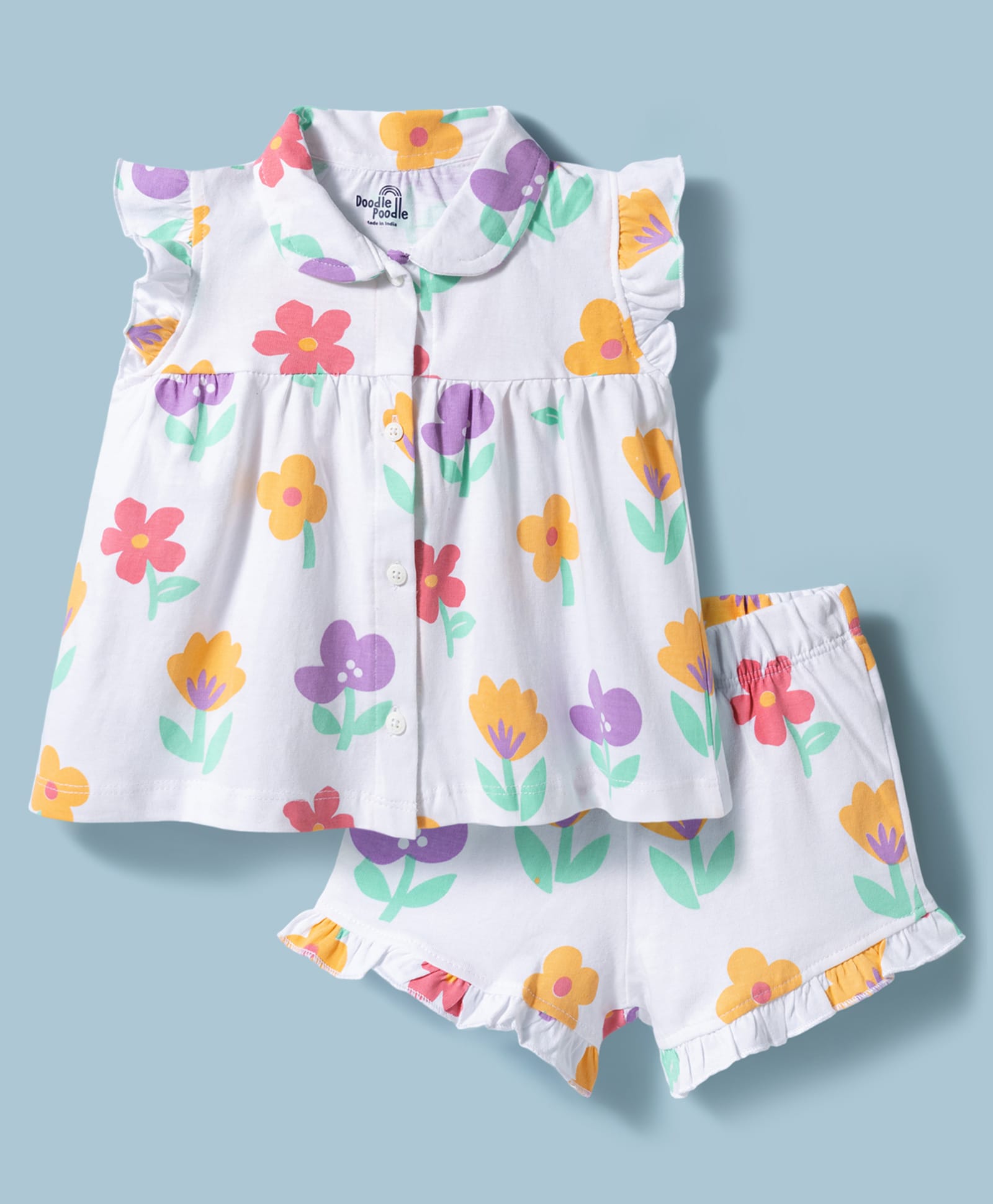 Doodle Poodle 100% Cotton Knit Half Sleeves Floral Printed Co-Ords Top & Shorts Night Suit - White-picture-46