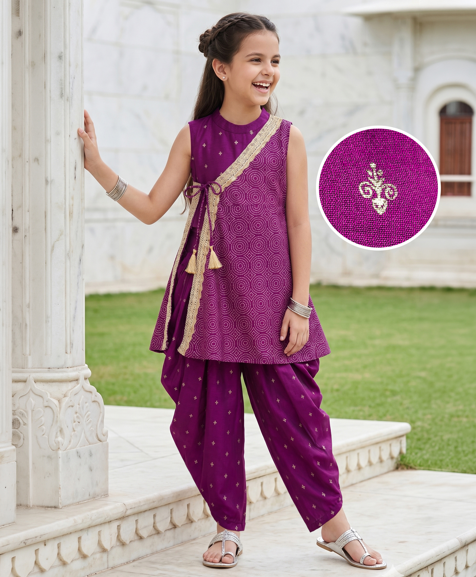 Pine Kids Woven Sleeveless Floral Foil Printed Kurti Salwar & Jacket - Purple-image-36