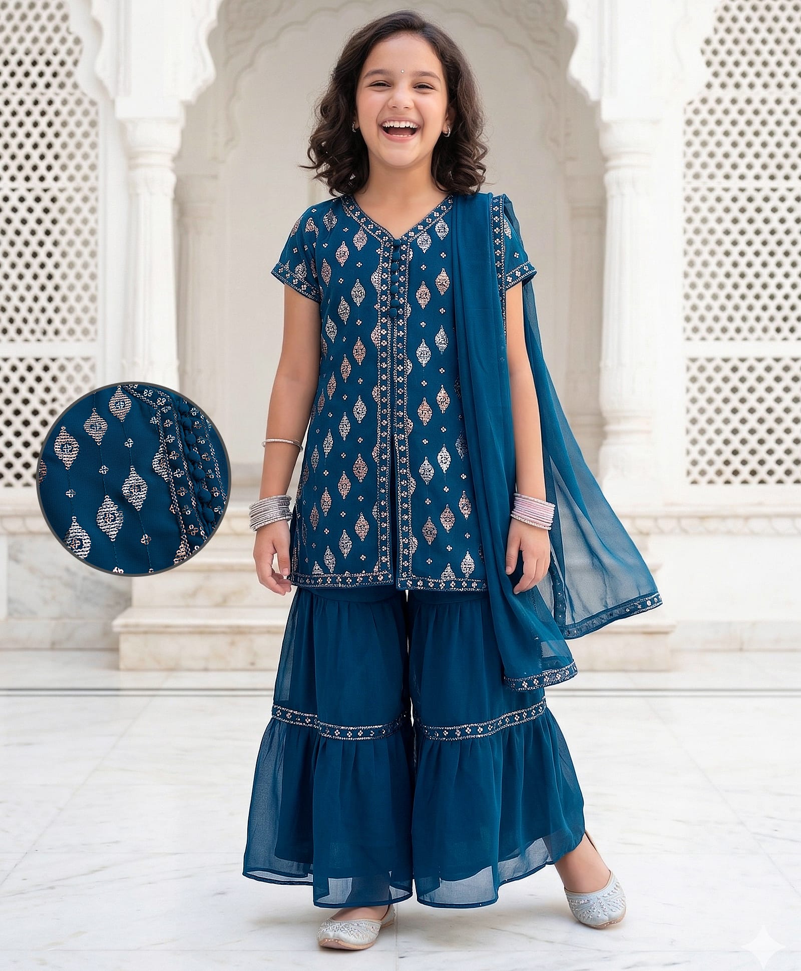 Pine Kids Woven Half Sleeves Kurti Gharara Set with Dupatta & Sequin Detailing - Navy Blue-image-22