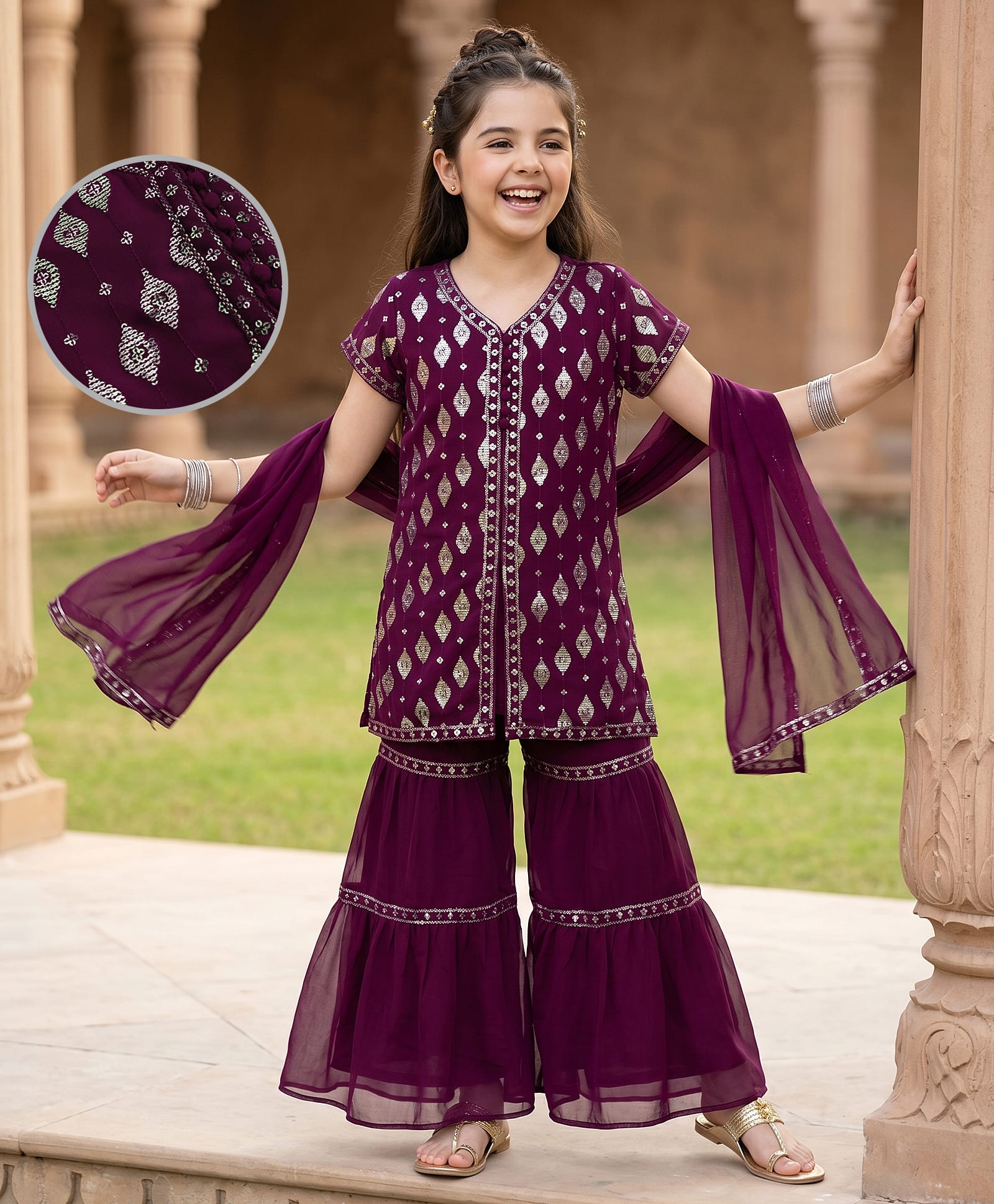 Pine Kids Woven Half Sleeves Embroidered Kurti Sharara Set With Dupatta - Violet-picture-16