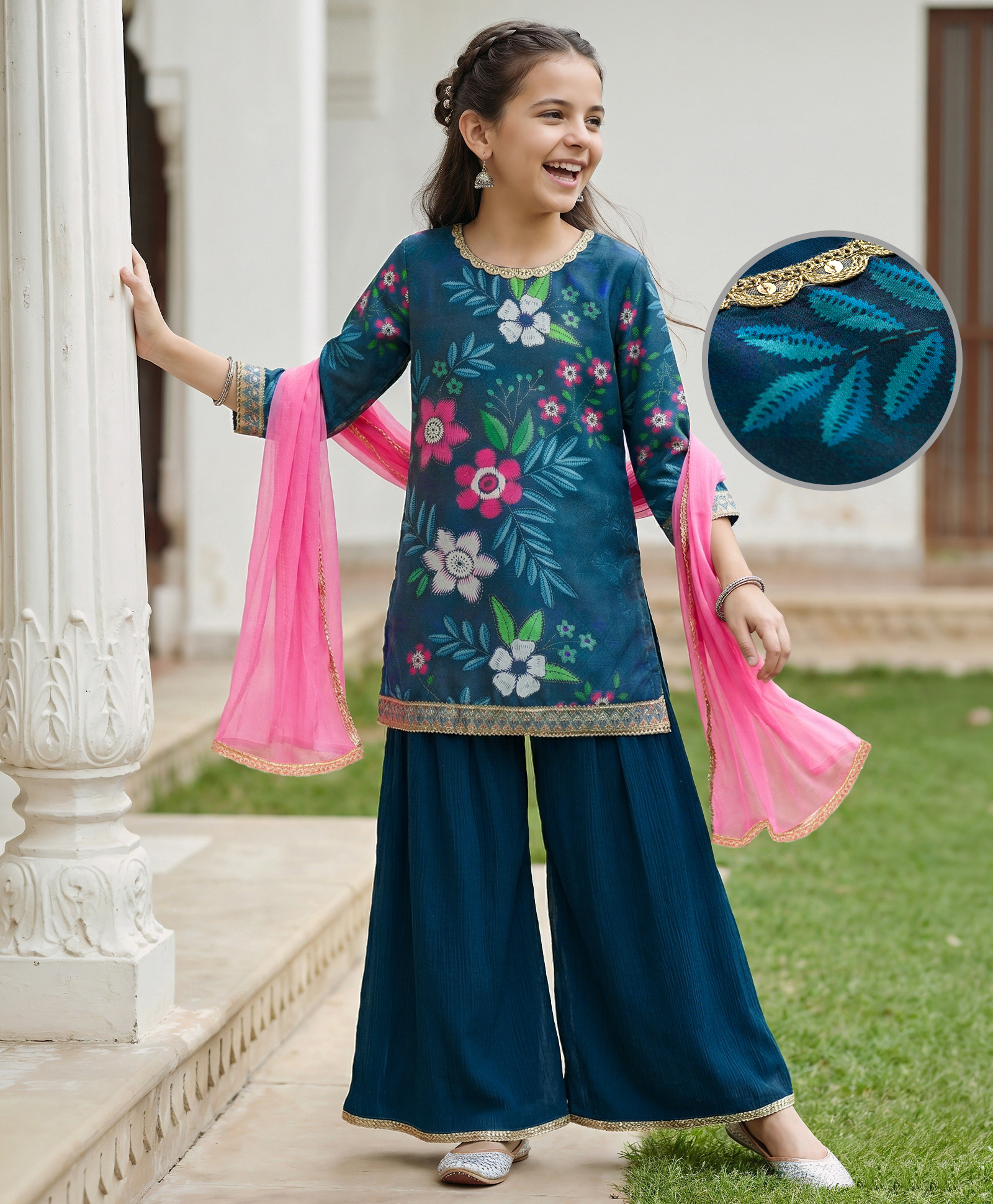 Pine Kids Woven Full Sleeves Floral Printed Kurti & Palazzo Set With Dupatta - Teal Blue-image-27