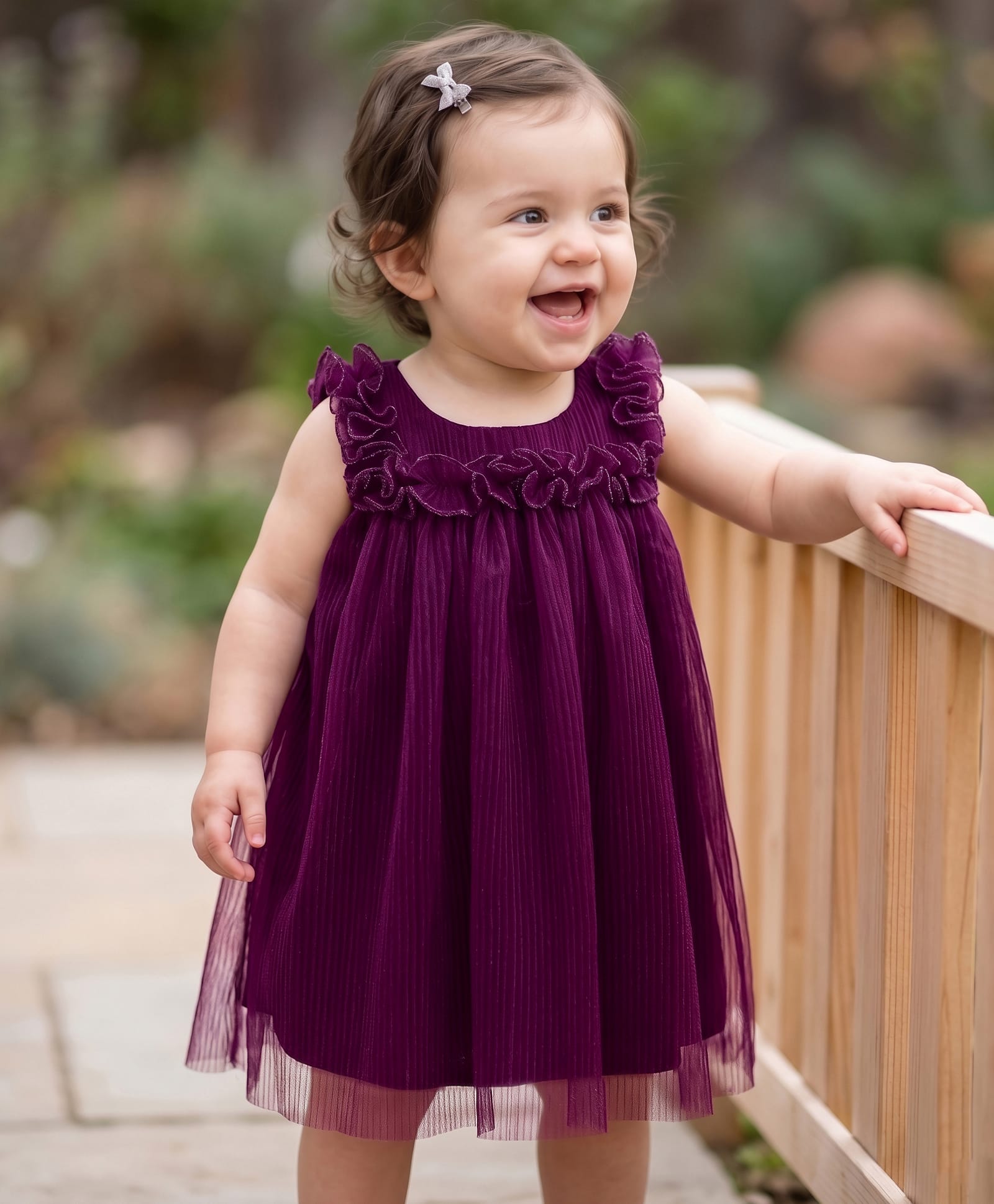 Kookie Kids Woven Sleeveless A Line Solid Colour Party Frock with Frill Detailing - Purple-image-23
