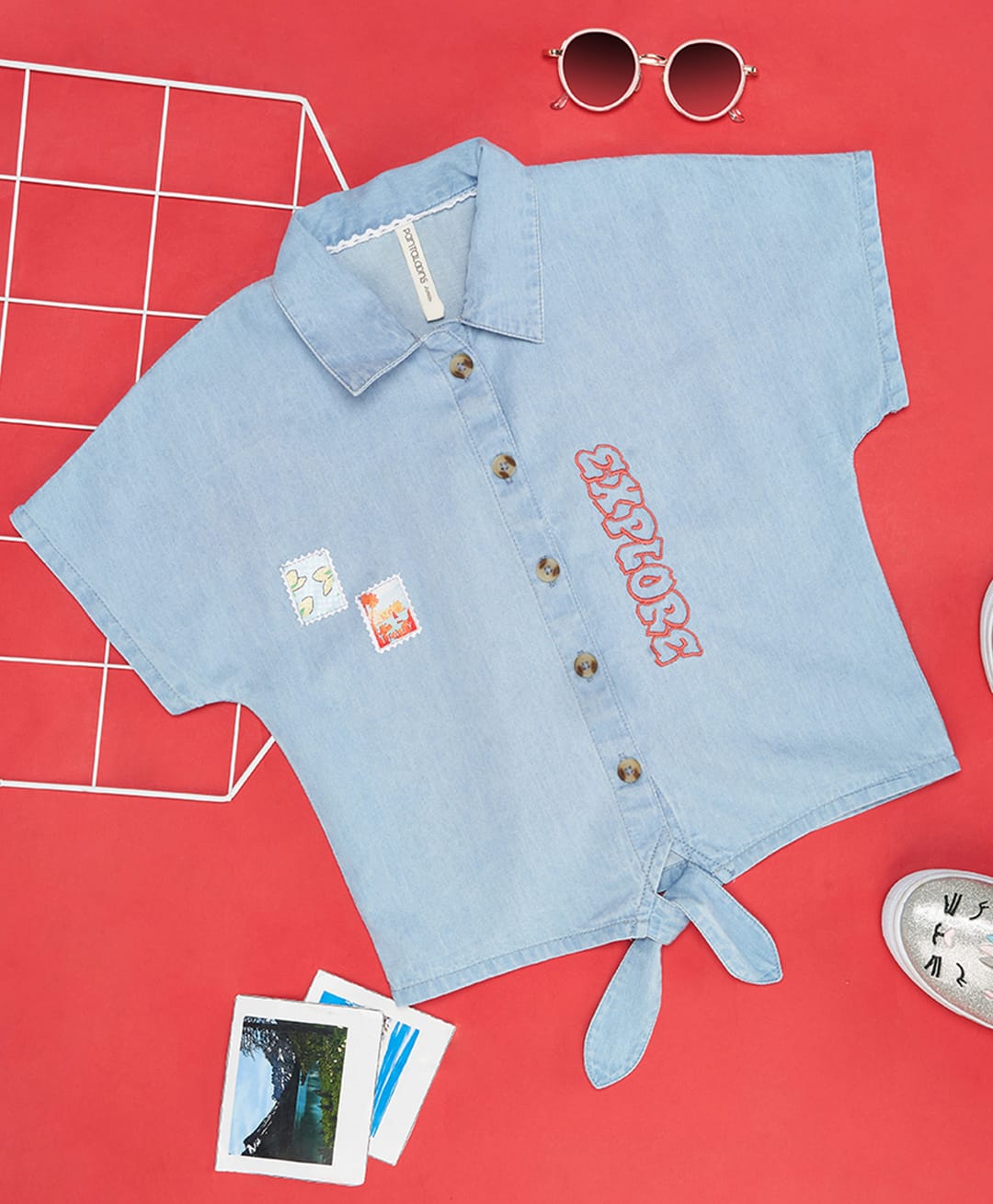 Pantaloons Junior Cotton Woven Half Sleeves Explore Text Embroidered Top - Blue-picture-37
