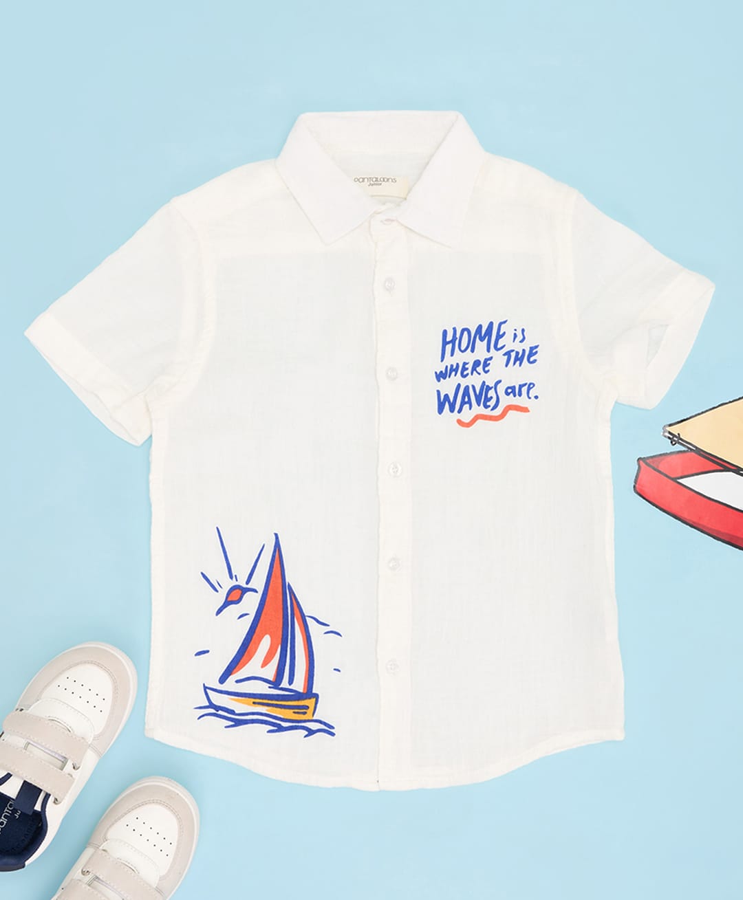 Pantaloons Junior Cotton Woven Half Sleeves Nautical Printed Shirt - Off White-image-3