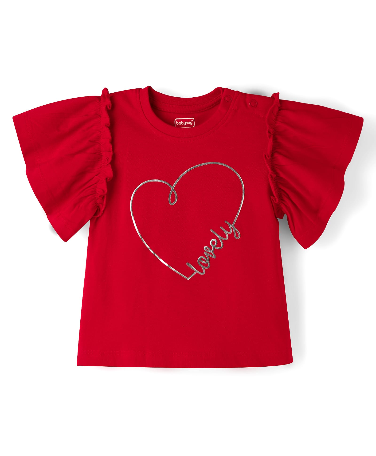 Babyhug 100% Cotton Knit Half Frill Sleeves Heart Printed Top - Red-image-16