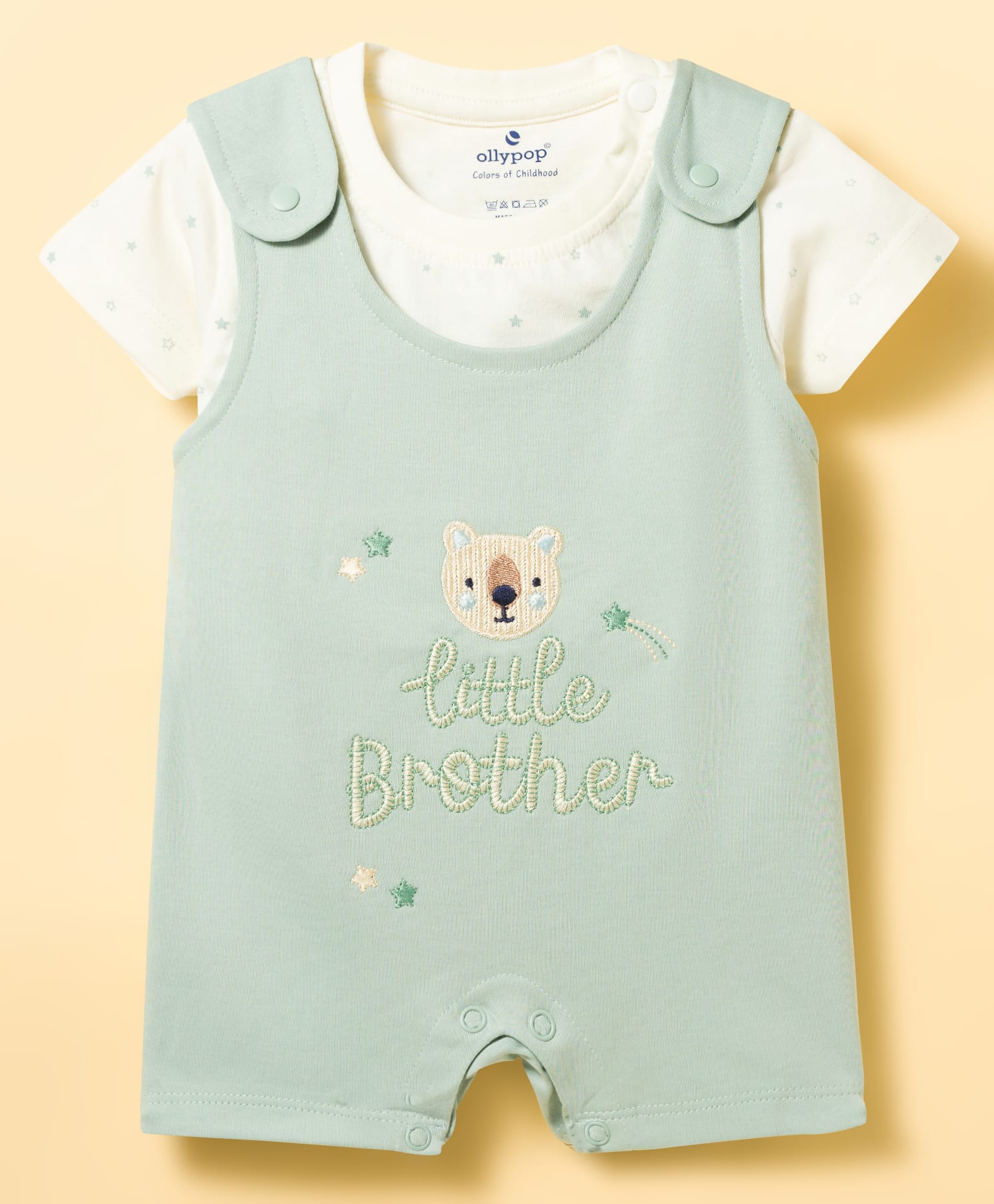 Ollypop Interlock Knit Half Sleeves Star Printed Tee & Romper With Bear Embroidery - Light Green