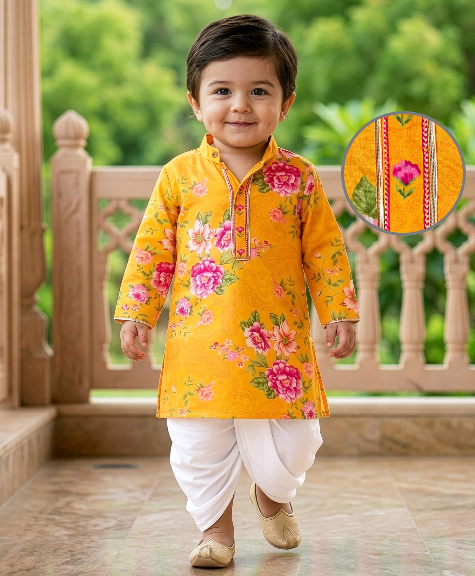 EARTHY TOUCH Cotton Woven Full Sleeves Kurta Dhoti Set With Floral Print - Yellow-image-28