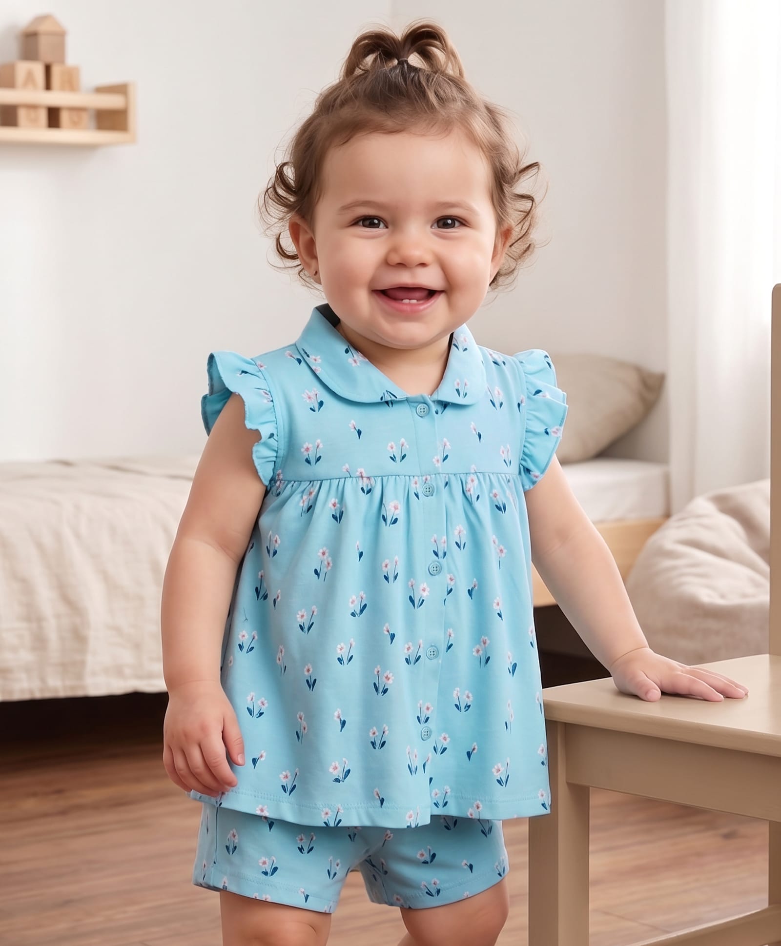 Doodle Poodle 100% Cotton Knit Half Sleeves Floral Printed Co-Ords Top & Shorts Night Suit - Turquoise-image-19