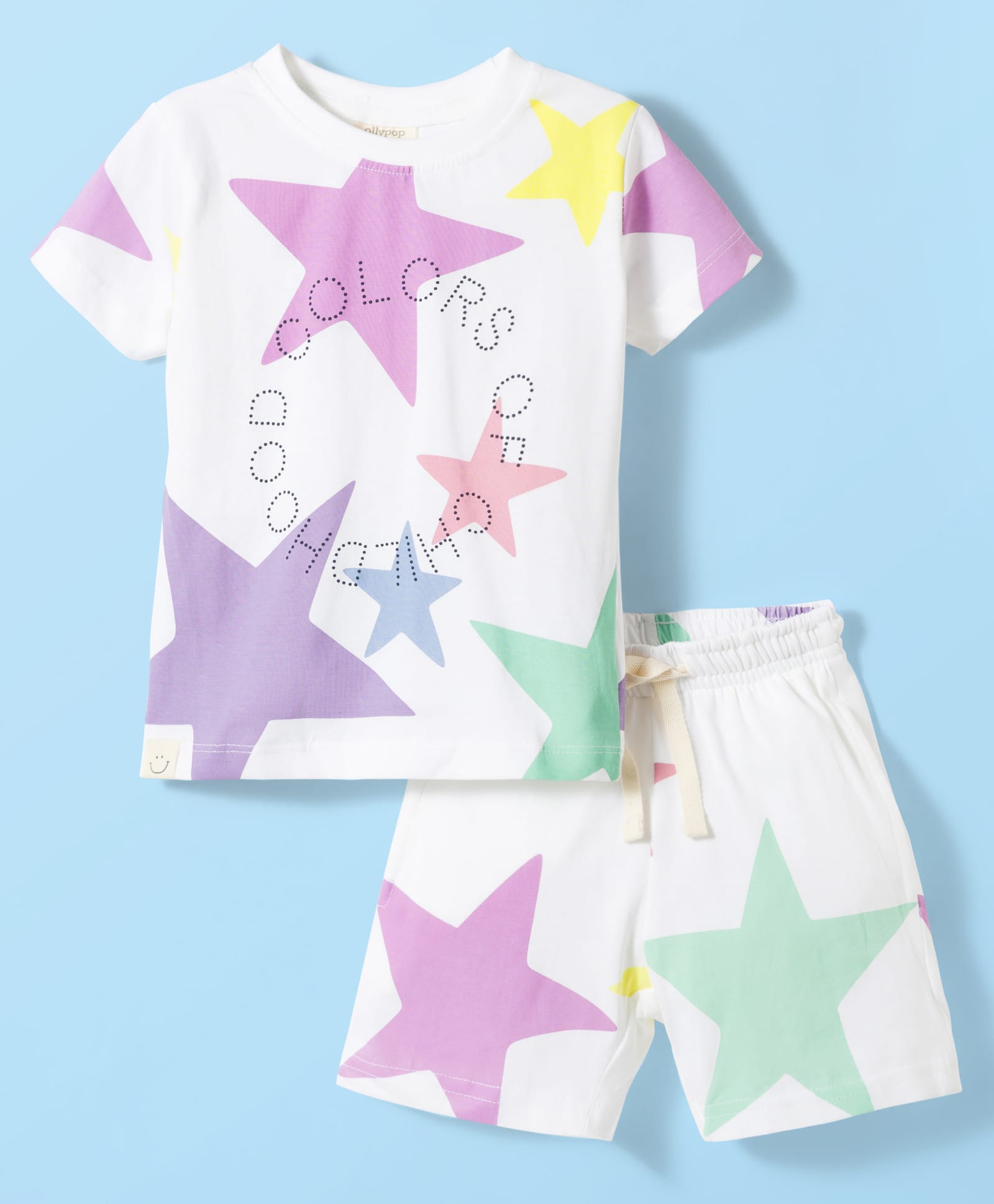 Ollypop Sinker Knit Half Sleeves T-Shirt & Shorts Co-ord Night Suit With Star Print - White & Violet-picture-23