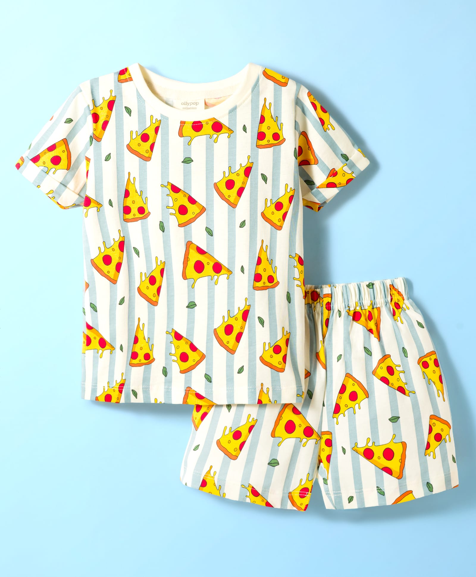 Ollypop Sinker Knit Half Sleeves T-Shirt & Shorts Co-ord Night Suit With Pizza Print - Cream-picture-22