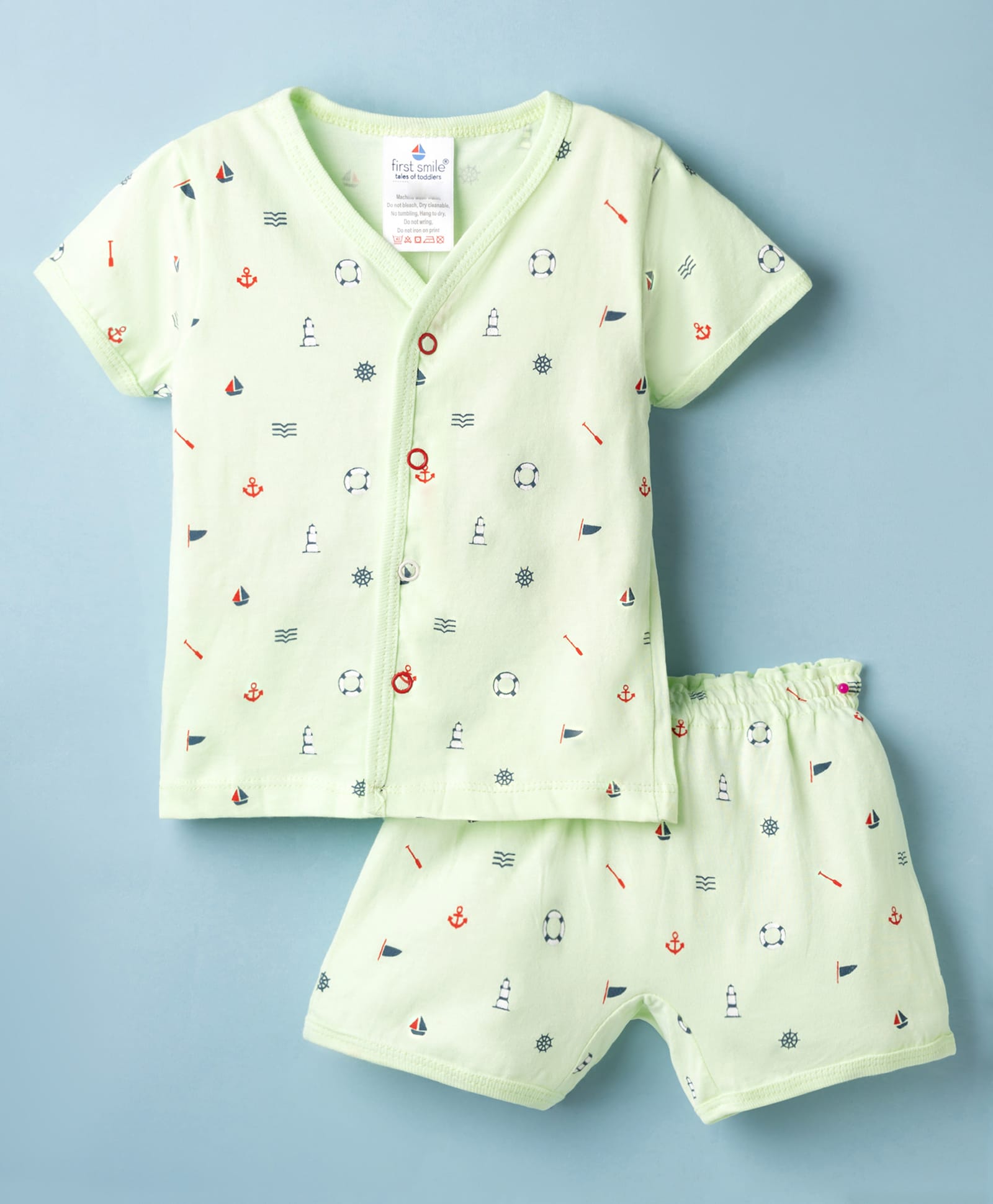 Ollypop Sinker Knit Half Sleeves T-Shirt & Shorts Co-ord Night Suit With Nautical Theme Print - Sea Green-picture-0