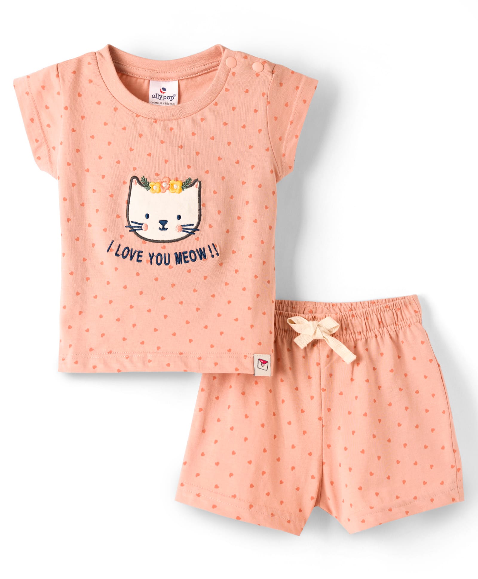 Ollypop Sinker Knit Half Sleeves T-Shirt & Shorts Night Suit With Kitty Embroidery & Heart Patch - Peach-picture-4
