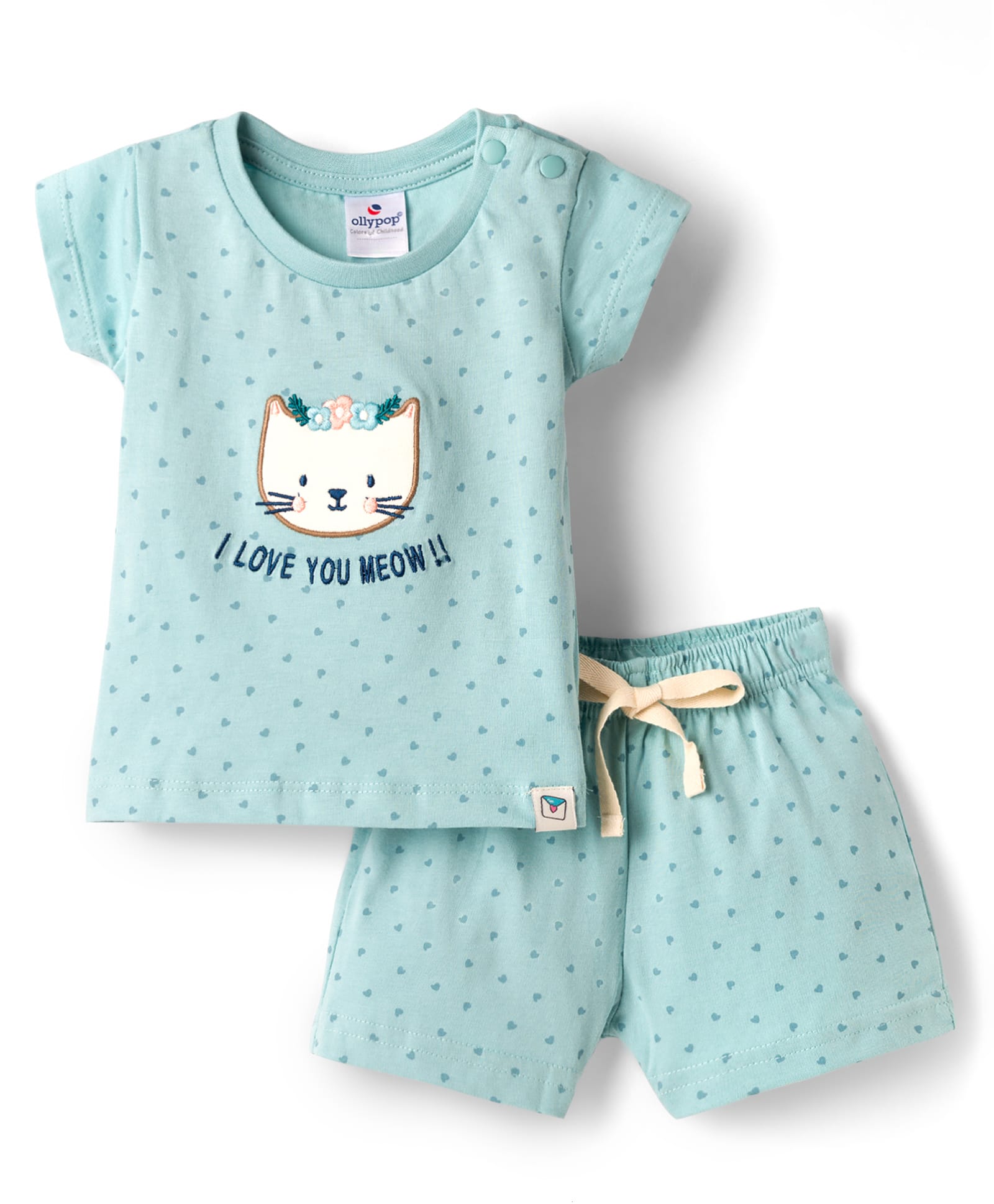 Ollypop Sinker Knit Half Sleeves T-Shirt & Shorts Night Suit With Kitty Embroidery & Heart Patch - Light Blue-picture-16