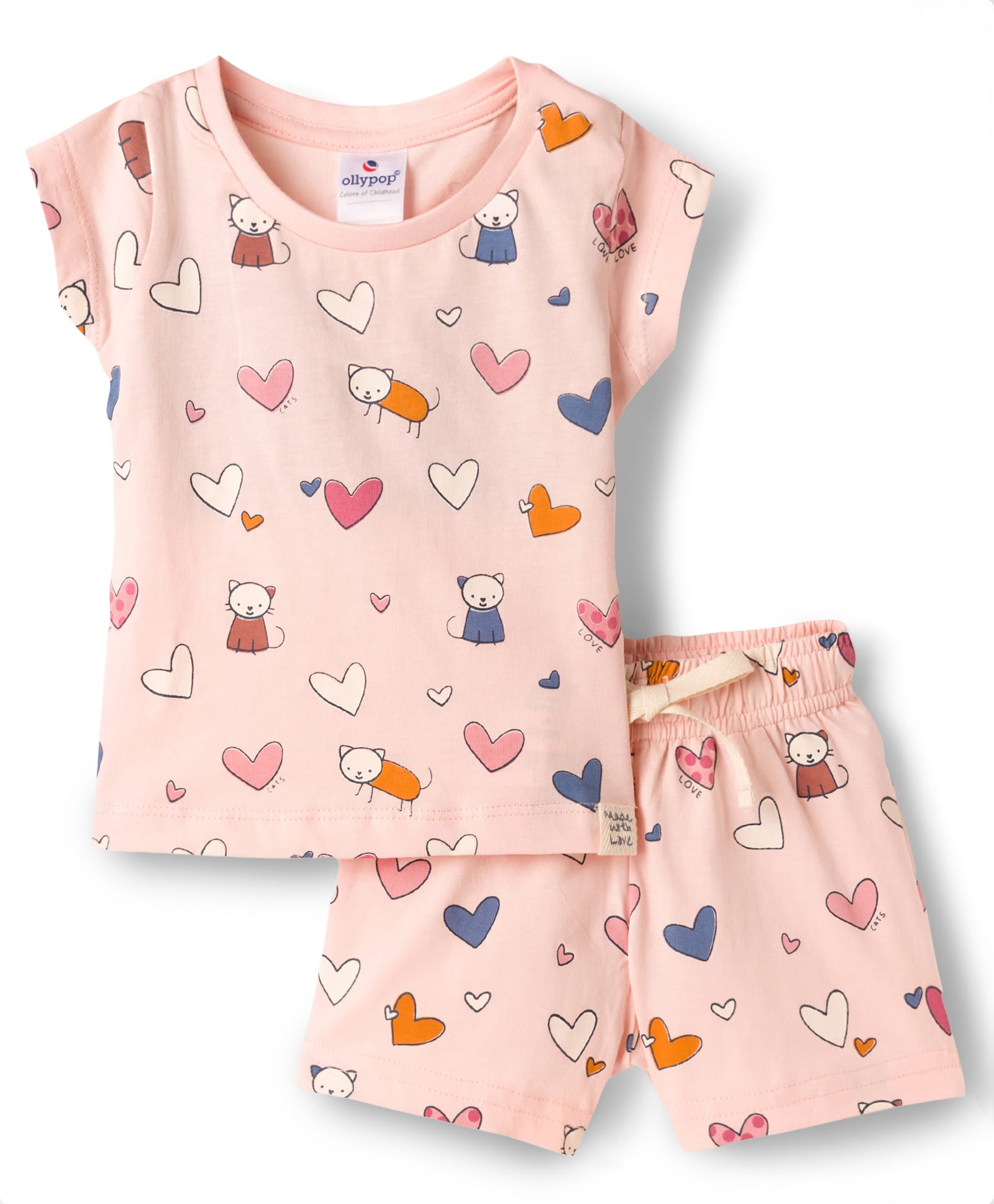 Ollypop Sinker Knit Half Sleeves T-Shirt & Shorts Co-ord Night Suit With Kitty & Heart Print - Baby Pink-picture-11