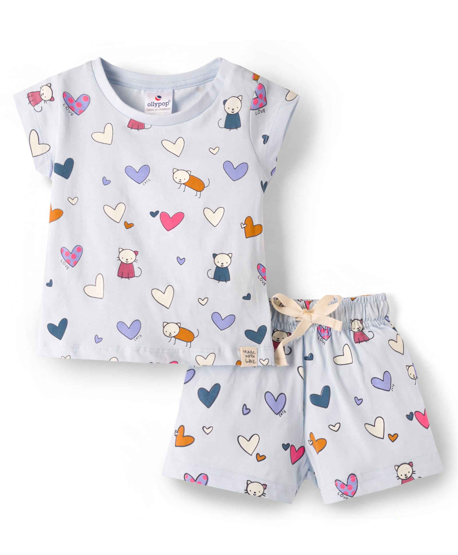 Ollypop Sinker Knit Half Sleeves T-Shirt & Shorts Co-ord Night Suit With Kitty & Heart Print - Light Blue-image-49