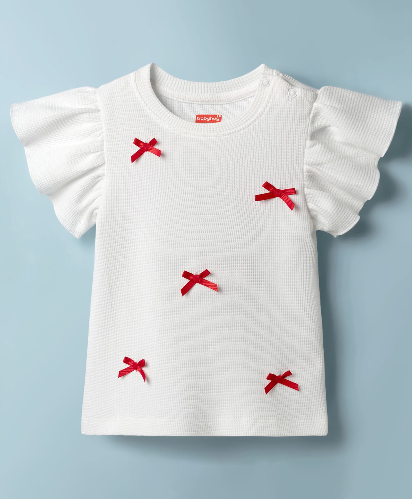 Babyhug Cotton Waffle Knit Half Sleeves Top With Bow Applique - Offwhite-image-15