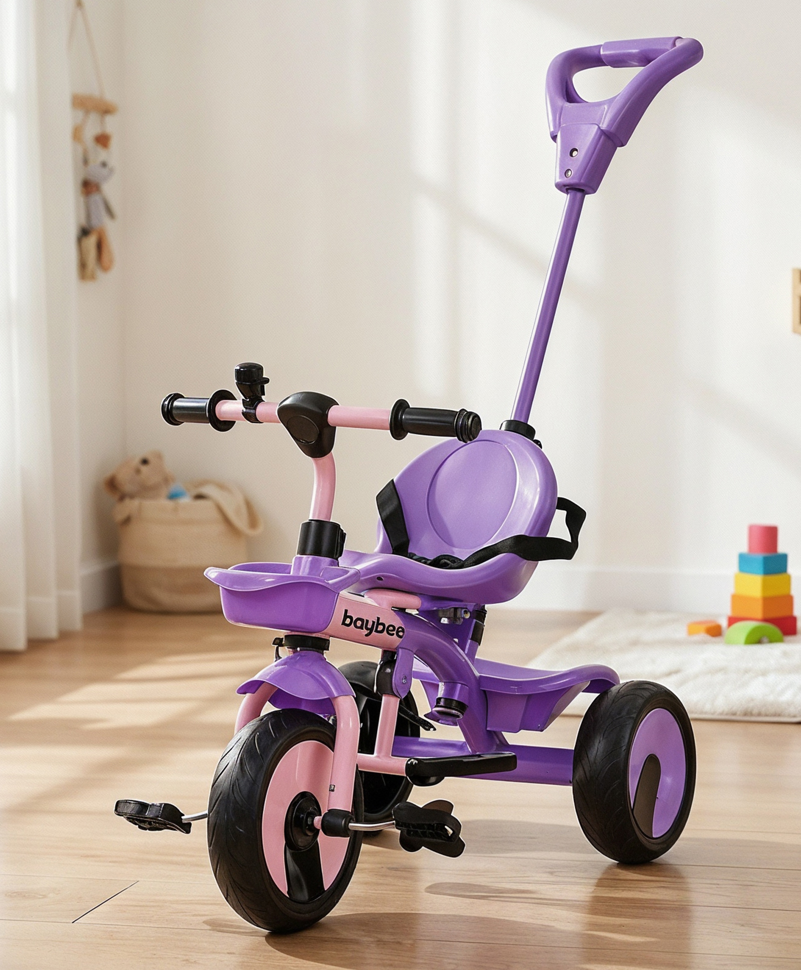 BAYBEE Nova Pro Baby Tricycle for Kids | Plug & Play Kids Cycle with Parental Handle & Safety Belt | Balanced Trikes with Dual Basket & Eva Wheels | Baby Cycle 2 to 5 Years Boys Girls (Pink/Purple)-picture-19