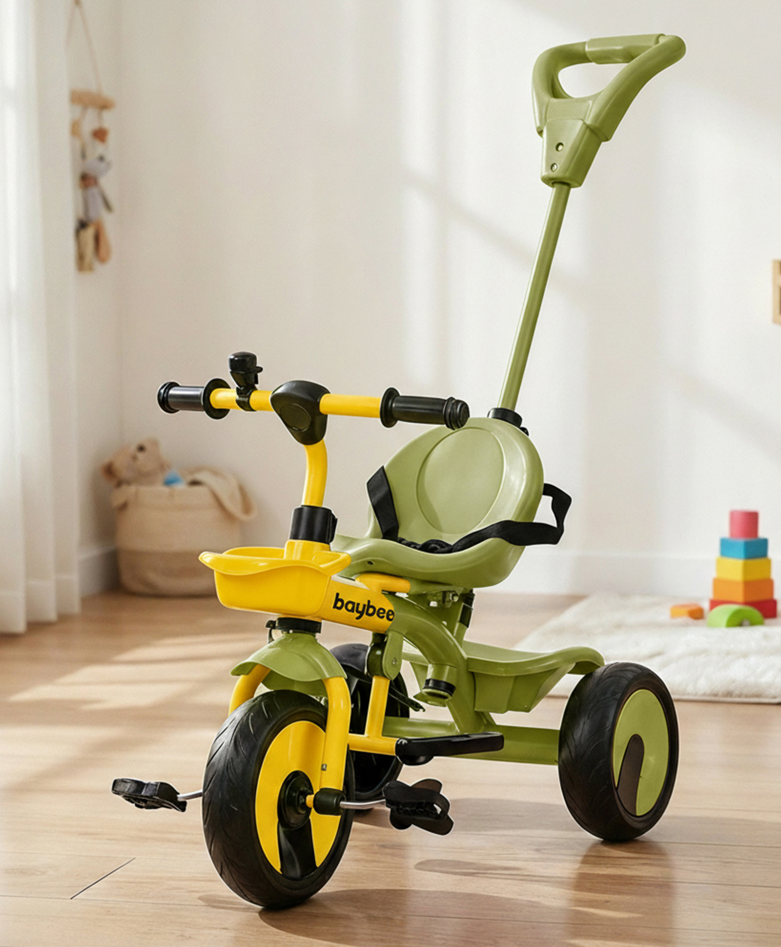 BAYBEE Nova Pro Baby Tricycle for Kids | Plug & Play Kids Cycle with Parental Handle & Safety Belt | Balanced Trikes with Dual Basket & Eva Wheels | Baby Cycle 2 to 5 Years Boys Girls (Green/Yellow)-picture-32